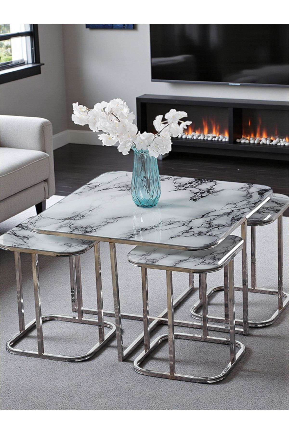 5 Li 4 1 Beyaz Mermer Temperli Cam Gümüş Metal Ayak Takım Sehpa Orta Sehpa Bohem