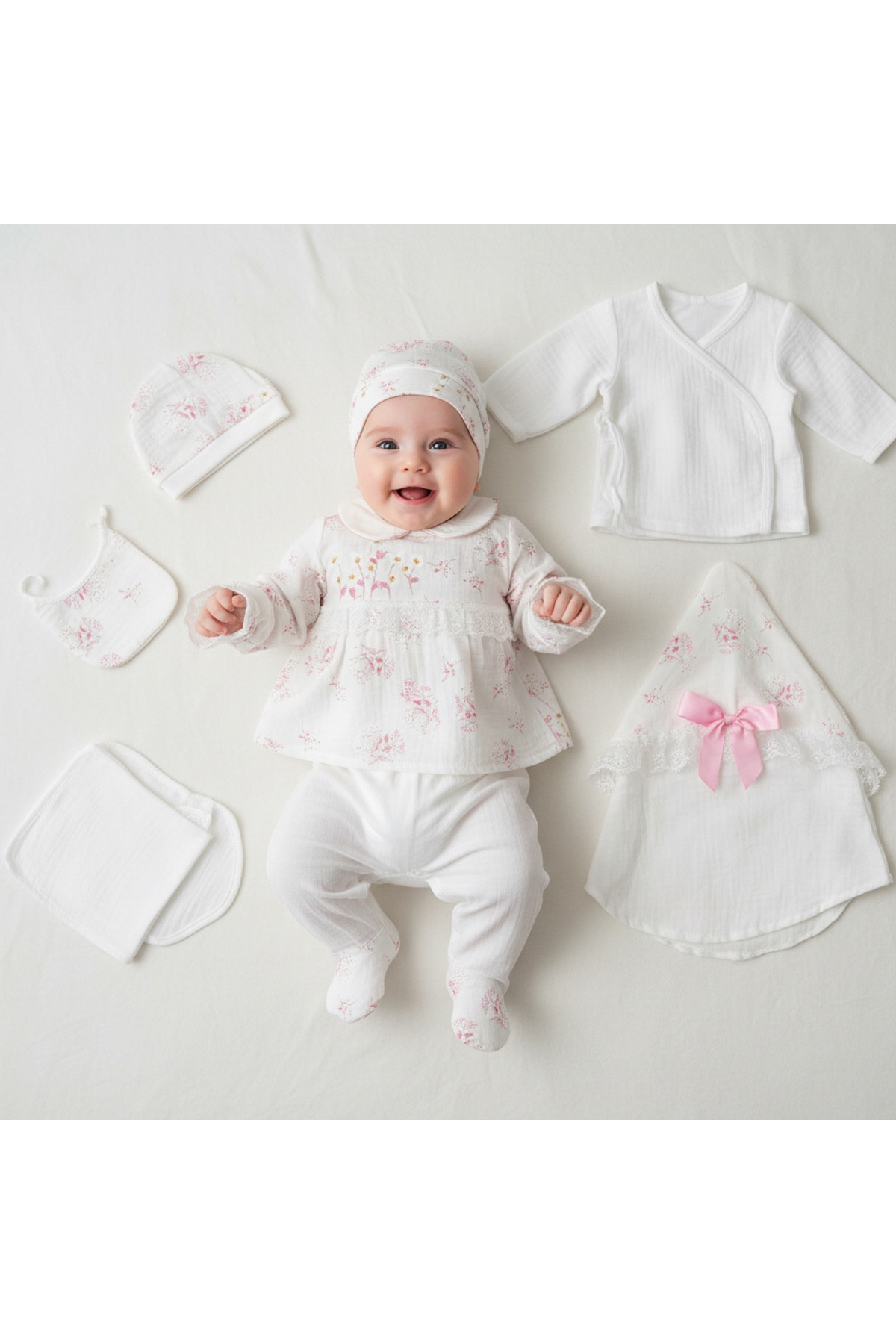 MİLAYS LİFE HOME COLLECTİON MÜSLİN ÇİÇEKLİ KIZ BEBEK YENİDOĞAN %100 PAMUKTAN 10 PARÇA HASTANE ÇIKIŞI ZIBIN SETİ fotoğrafı 2 (önizleme)