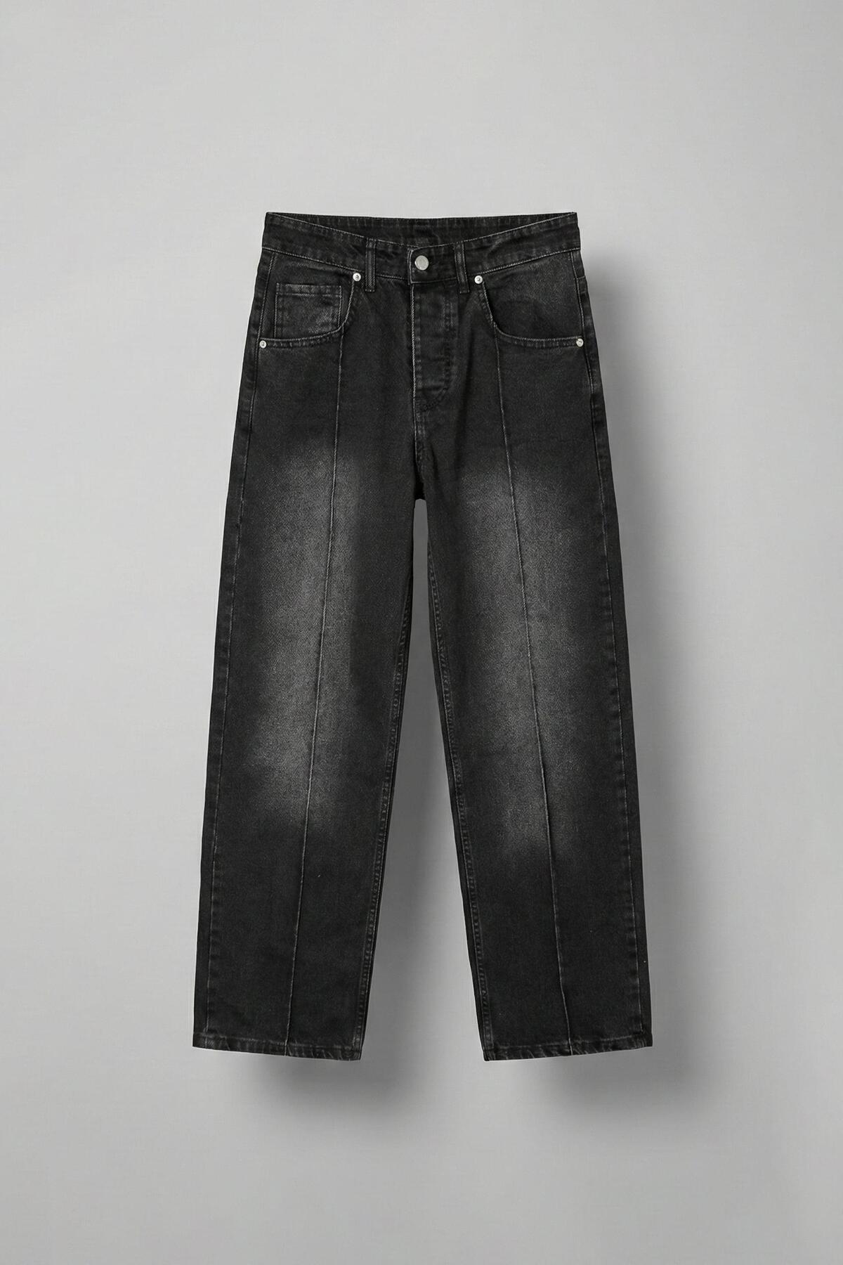 ablukaonline  Erkek Ön Dikiş Detaylı Vintage Baggy Jean Siyah