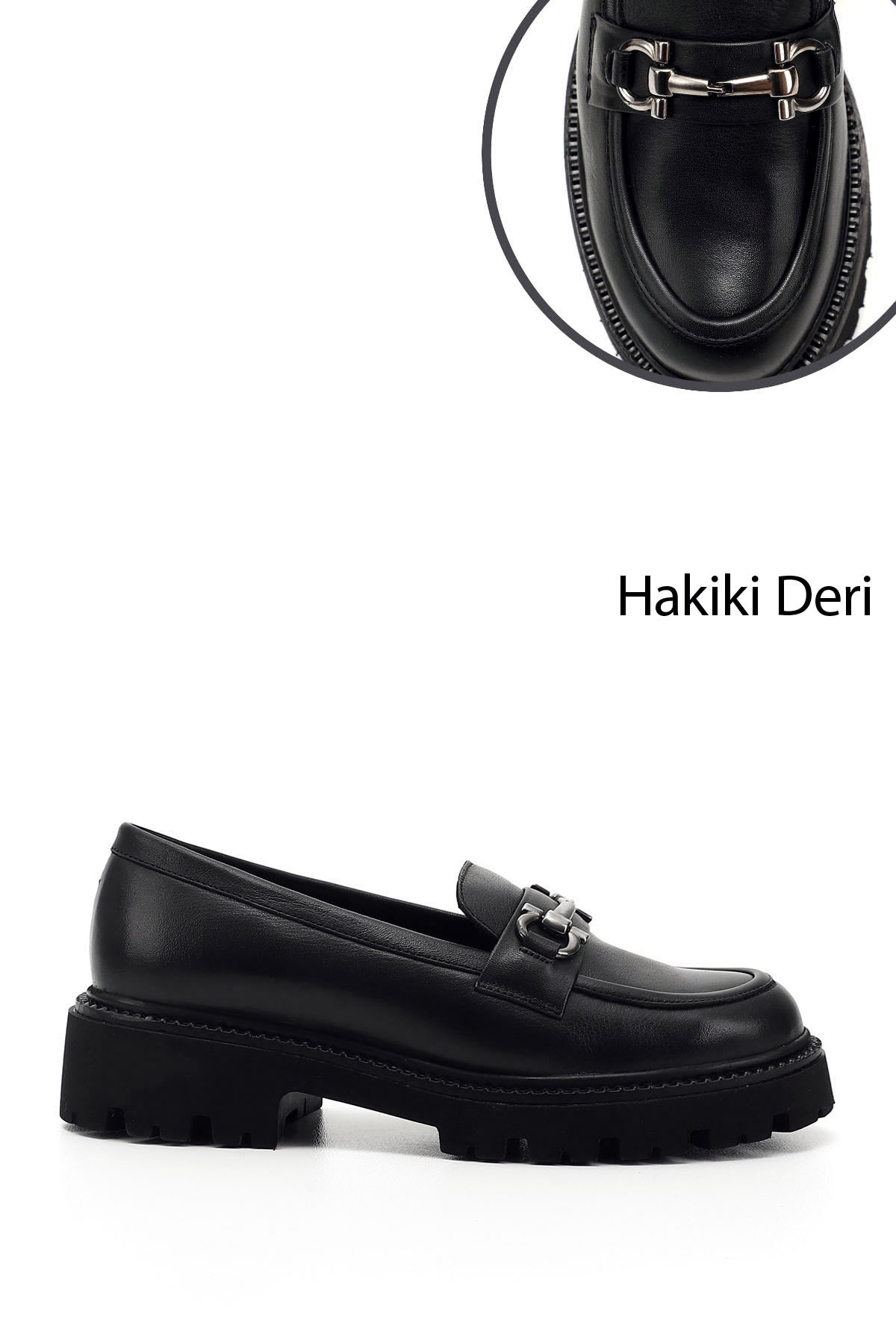 Women's Black Thick Heel Buckle Genuine Leather Loafer Shoes
