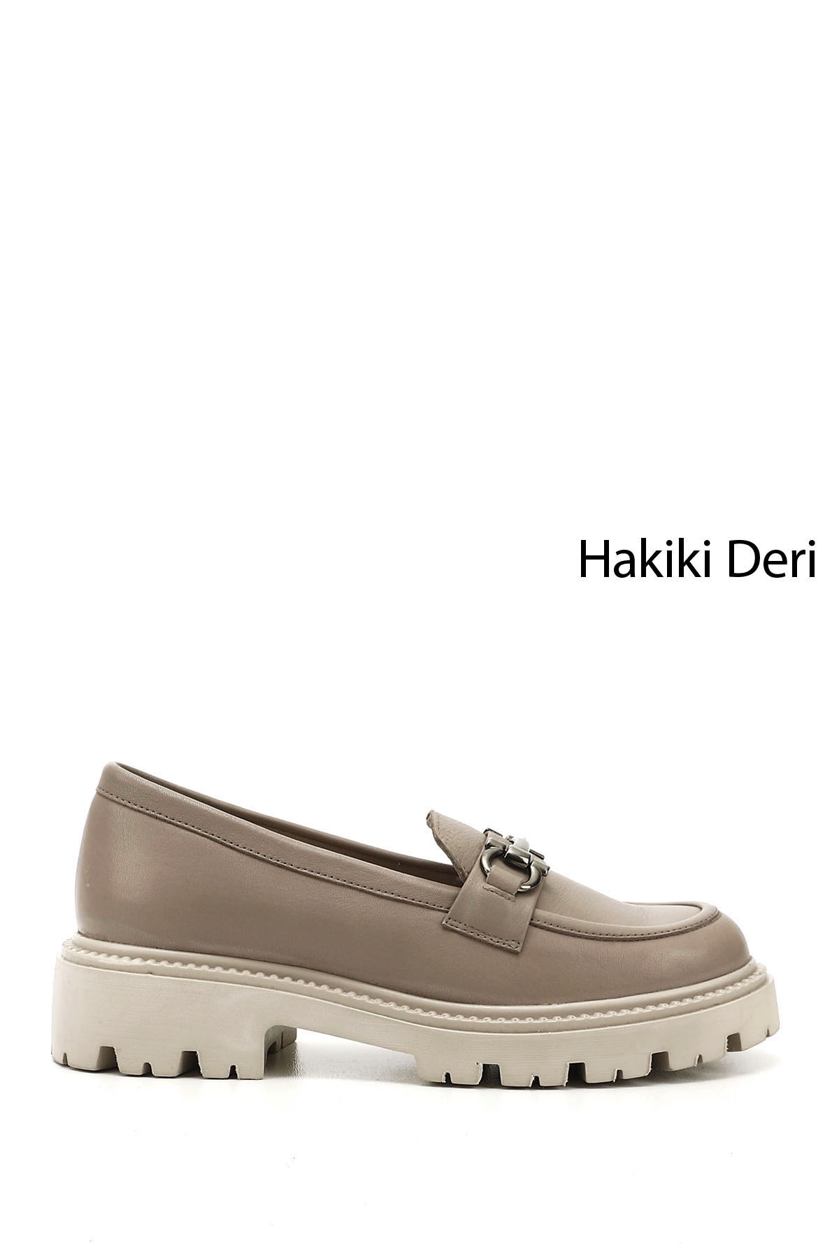 Women's Beige Thick Heel Buckle Genuine Leather Loafer Shoes