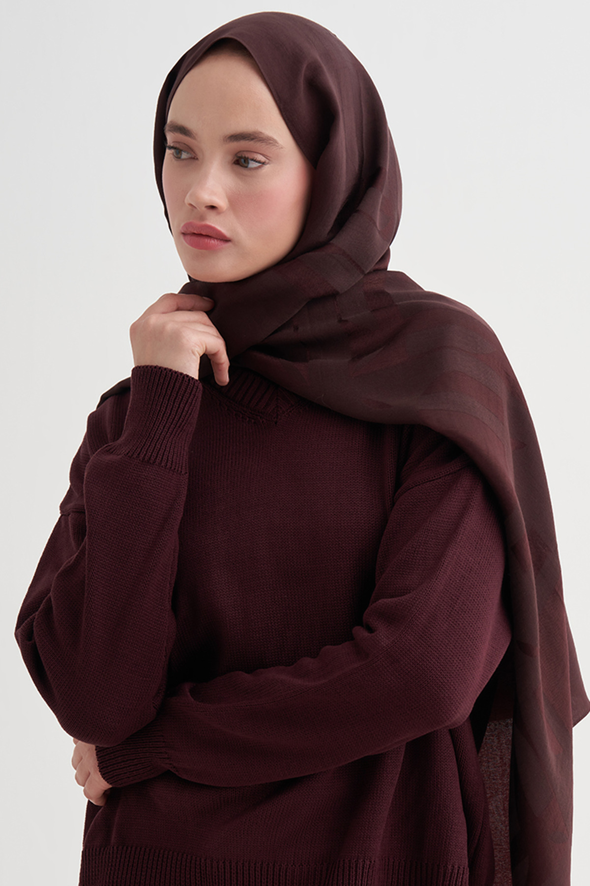 carell  Geometrik Desen Liora Pamuk Şal Mürdüm