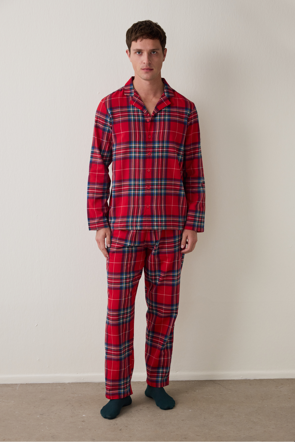 Penti Kırmızı Erkek Ekose Desenli Uzun Kollu Gömlek Pijama Takımı görsel 3