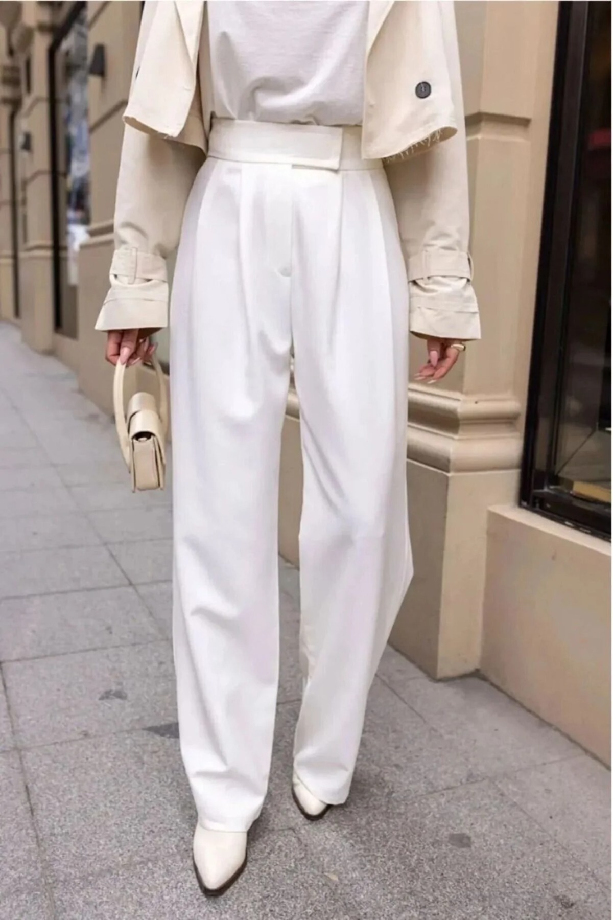 BILDEŞA  Kadın Yüksek Bel Cırtlı Beli Beyaz Palazzo Pantolon - Görsel 4