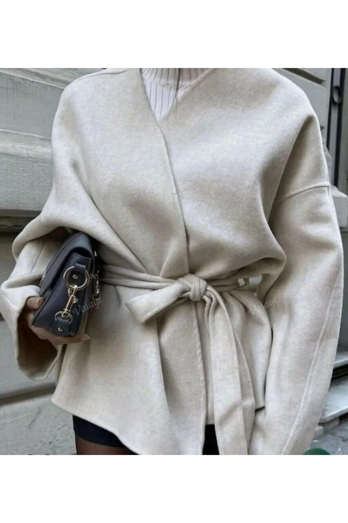 LACASE  Bağlama Detaylı Rahat Kalıp Kaşmir Hırka/Ceket - Görsel 4