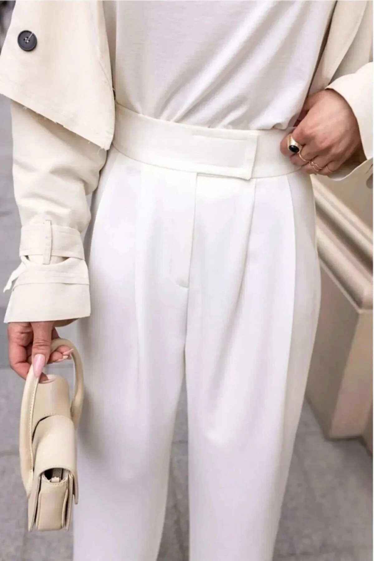 BILDEŞA  Kadın Yüksek Bel Cırtlı Beli Beyaz Palazzo Pantolon