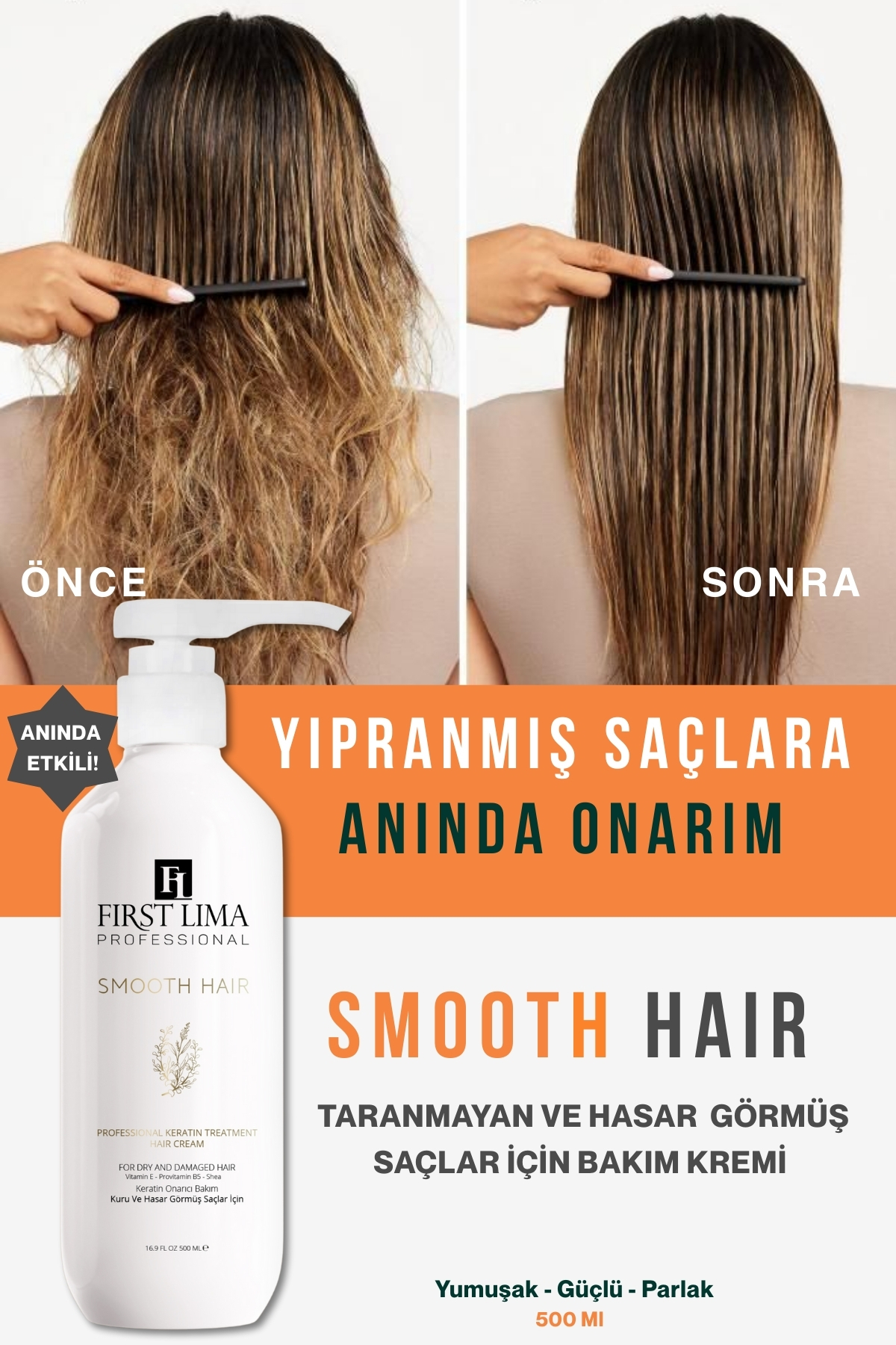 First Lima Professional Durulanmayan Keratin Saç Bakım Kremi 500 ml | Elektriklenme ve Kabarma Karşıtı | Smooth Hair — DURULANMAYAN