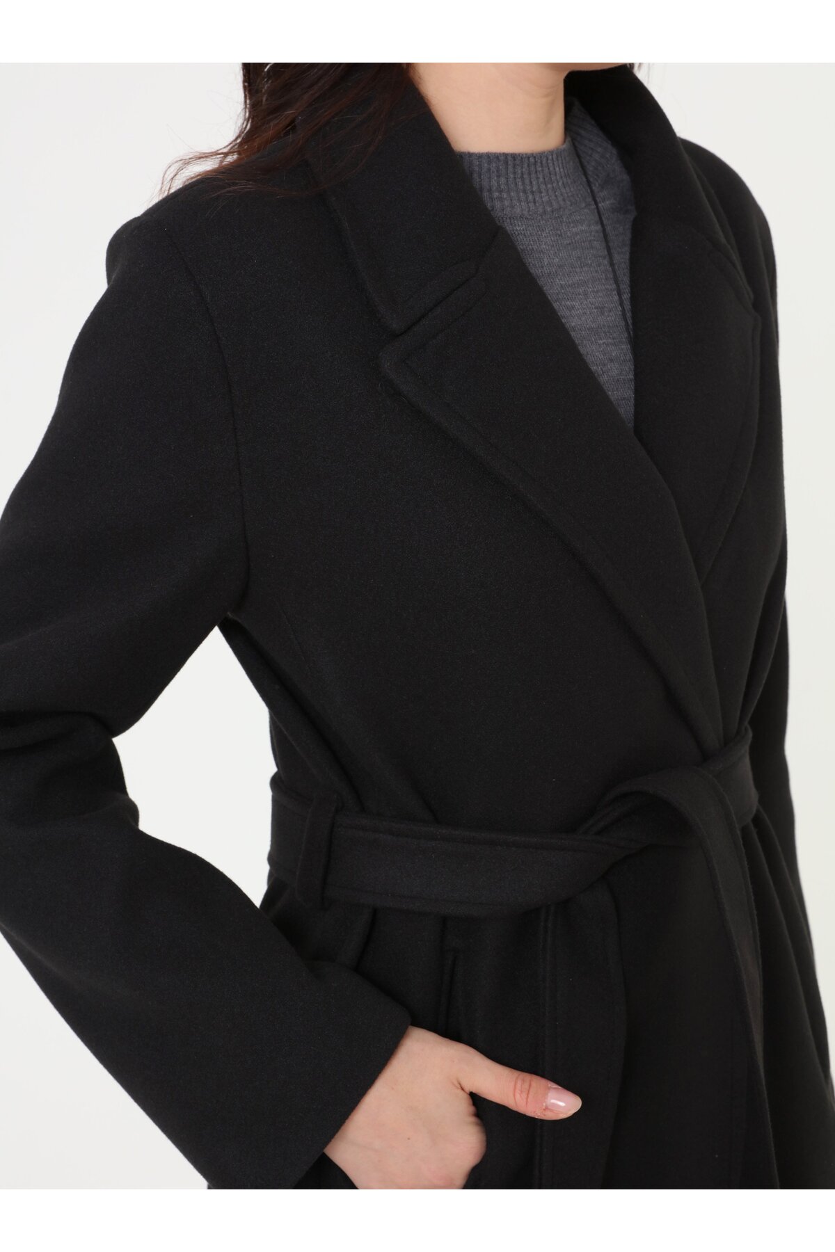 Refka  Kemer Detaylı Uzun Klasik Kaban - Siyah - - Görsel 5