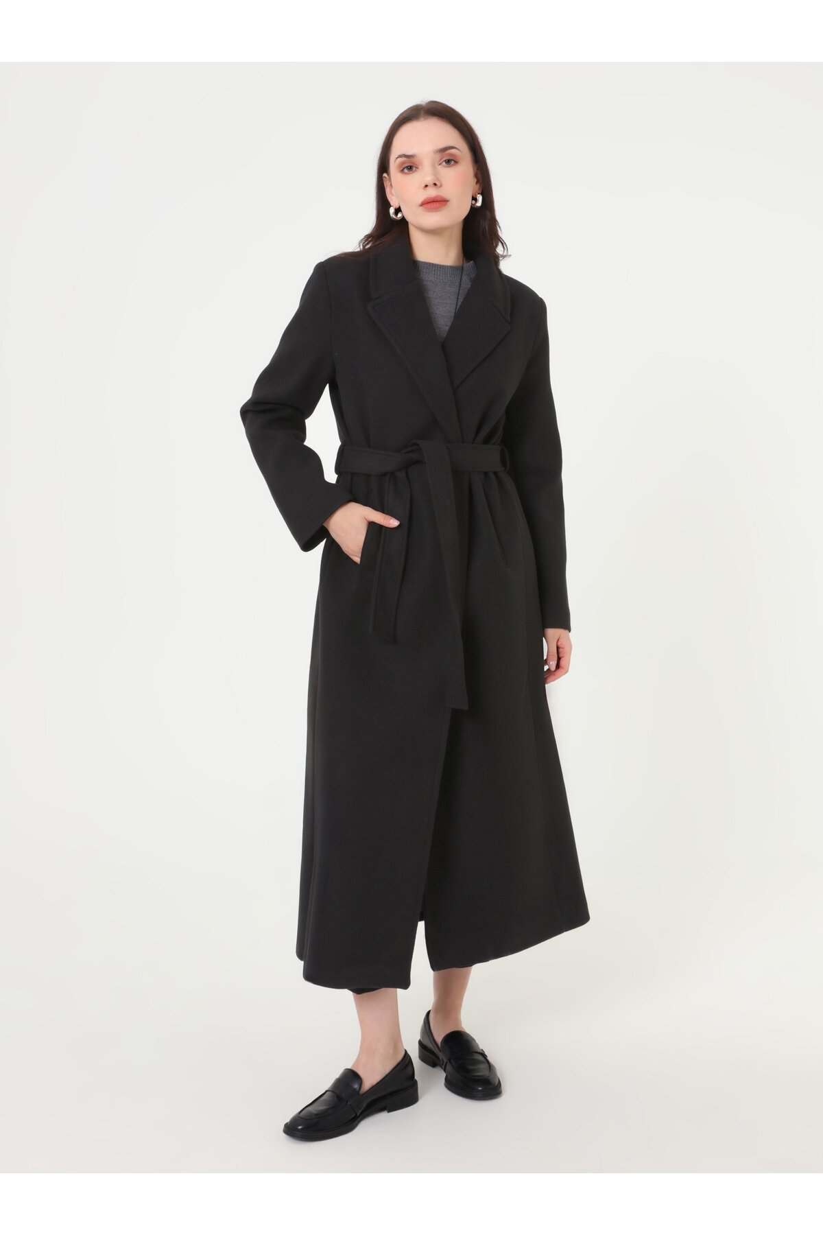 Refka  Kemer Detaylı Uzun Klasik Kaban - Siyah - - Görsel 2