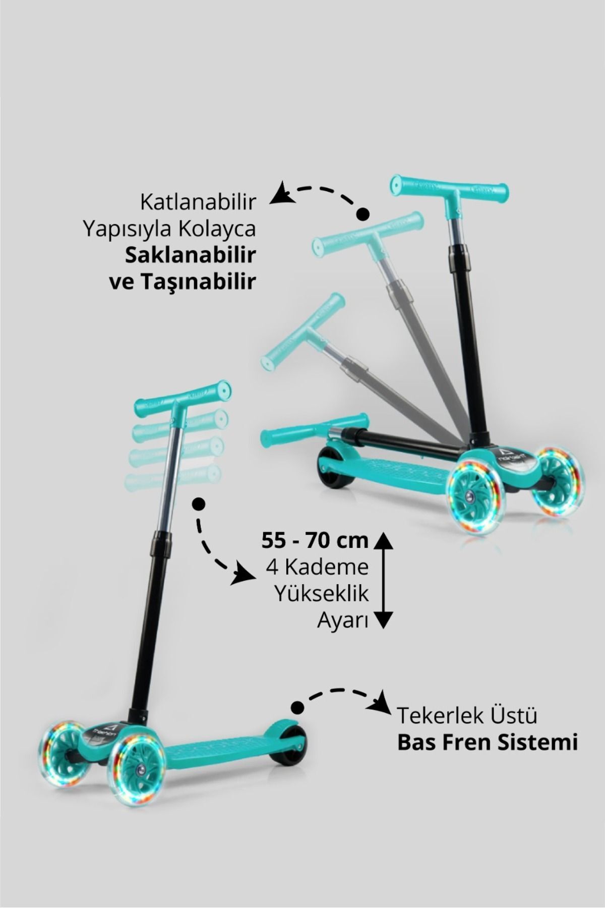 Triathlon T212-M Katlanabilir LED Işıklı Scooter | Ayarlanabilir Yükseklik | Arka Fren | 3 Tekerlek | 3+ Yaş fotoğrafı 2 (önizleme)