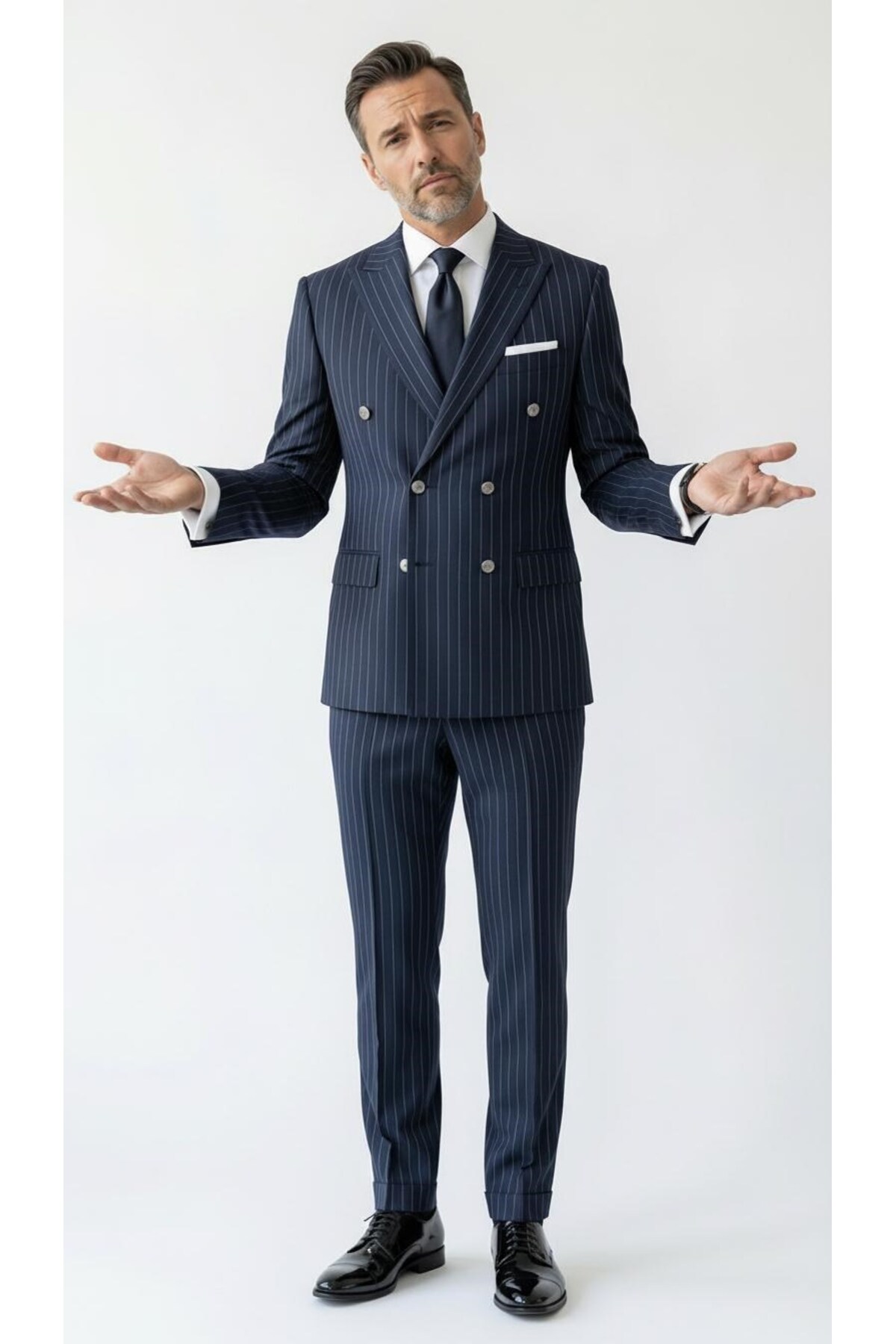 Plus Scorpion  Çizgili Kruvaze Erkek Takım Elbise – Şık ve Rahat İtalyan Kesim, Belden Oturtmalı, Top Düğmeli - Görsel 4