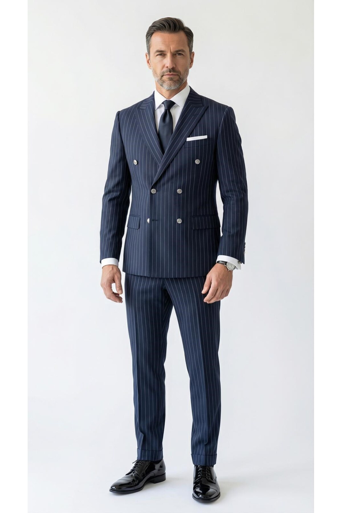Plus Scorpion  Çizgili Kruvaze Erkek Takım Elbise – Şık ve Rahat İtalyan Kesim, Belden Oturtmalı, Top Düğmeli - Görsel 3