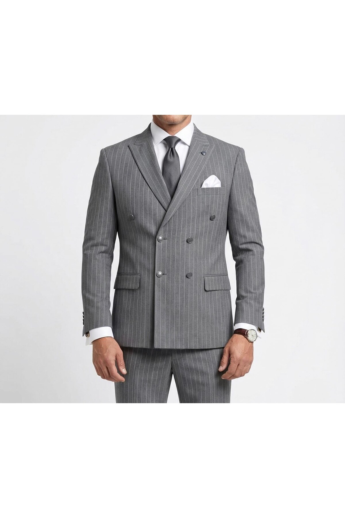 Plus Scorpion  Çizgili Kruvaze Erkek Takım Elbise – Şık ve Rahat İtalyan Kesim, Belden Oturtmalı, Top Düğmeli - Görsel 8