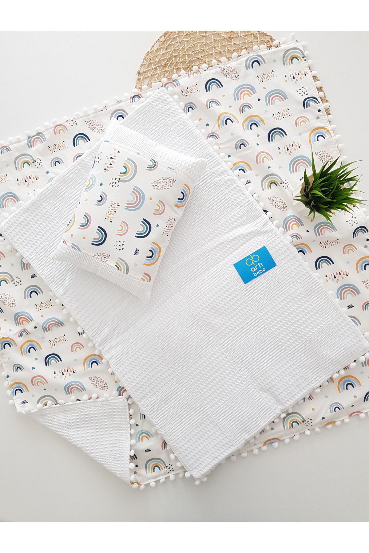 Rainbow 3-Piece Bottom Opening Set: Blanket, Bottom Opening and Pillow – 100% Cotton