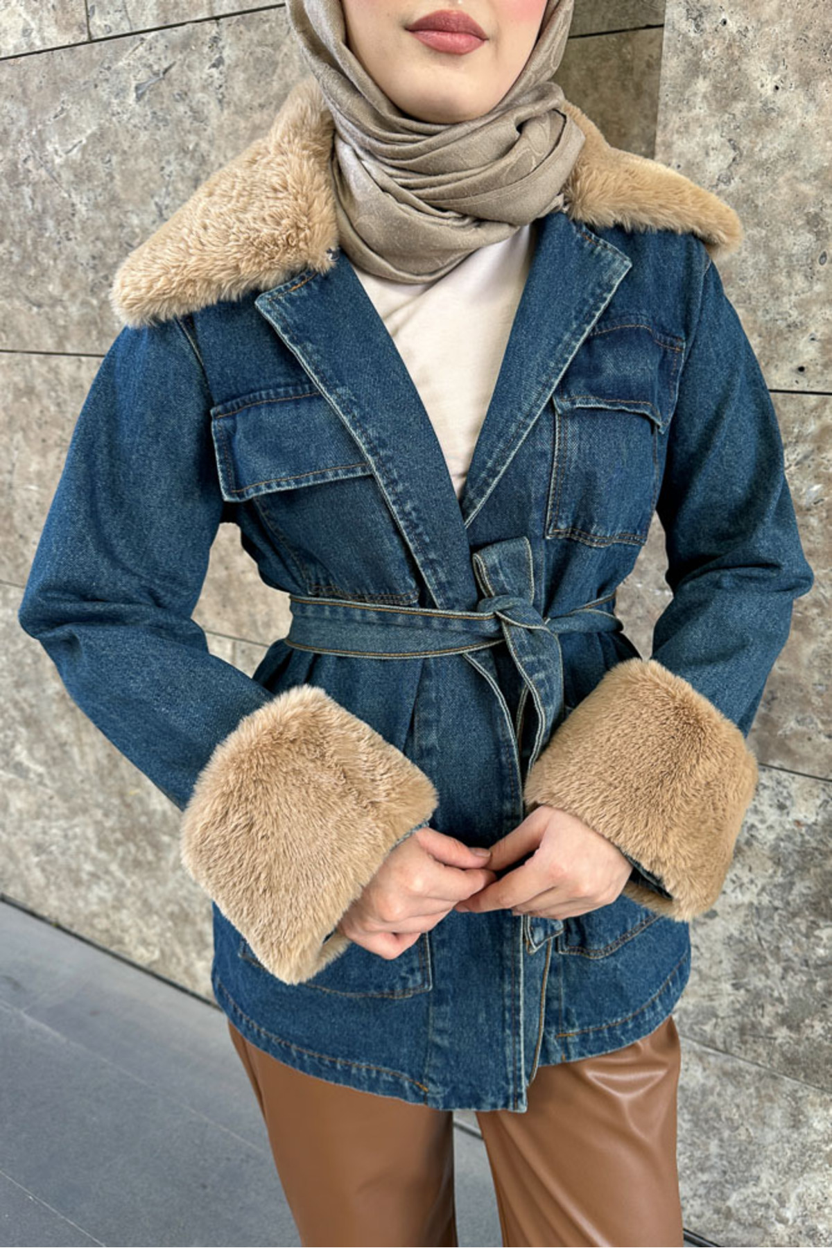 Ovn.  Kürklü Denim Ceket - Koyu Mavi - Görsel 4