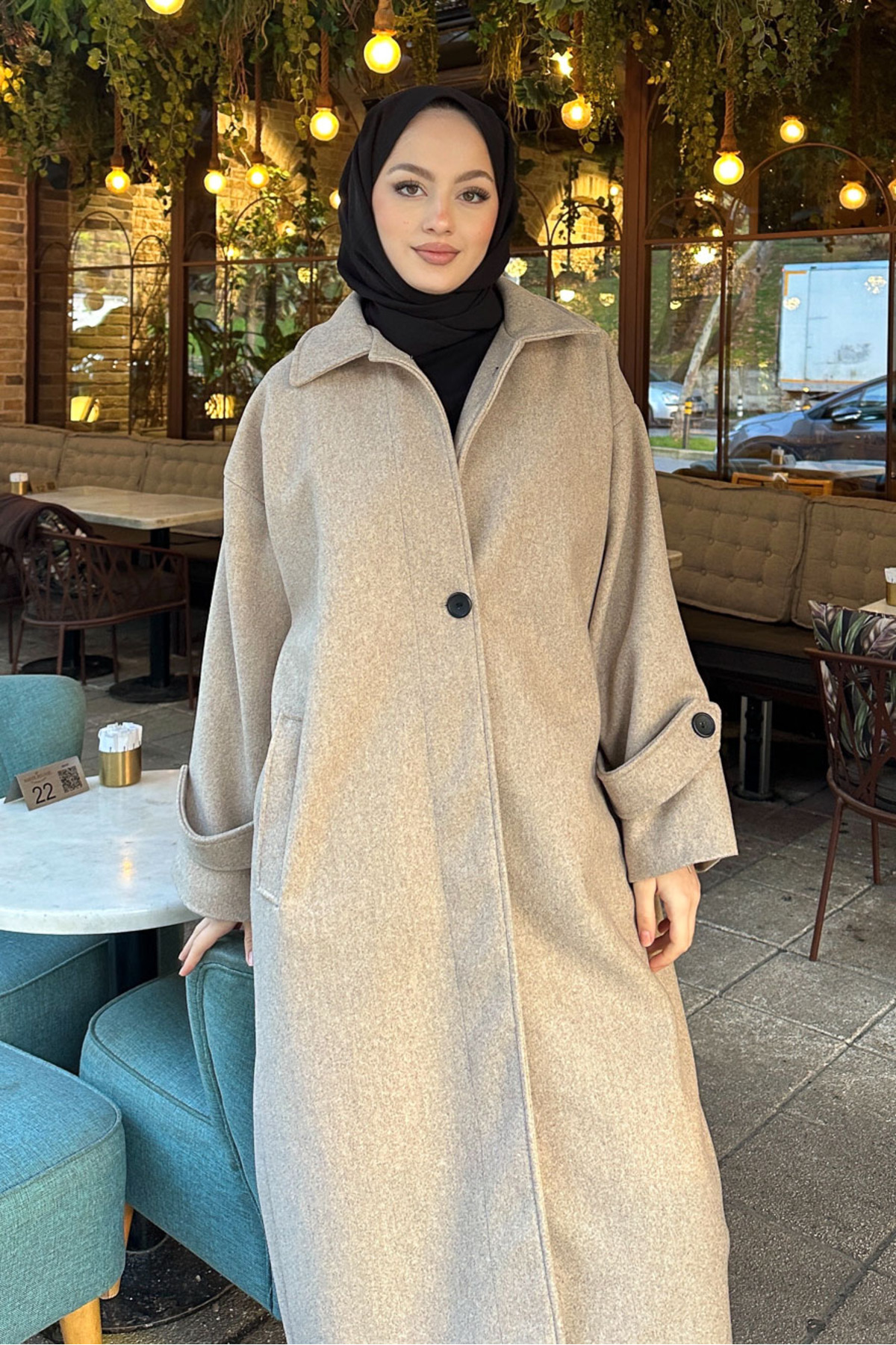 Ovn.  Lonavé Uzun Kaşe Kaban - Bej - Görsel 9