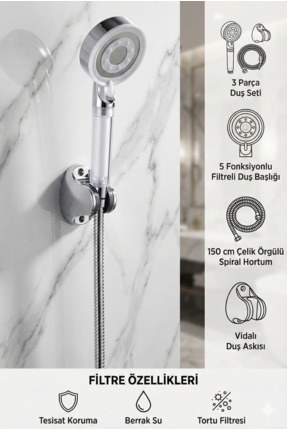 Plodna House Filtreli Beyaz Çelik 5 Fonksiyonlu Duş Başlığı Seti – 150 cm Çel...