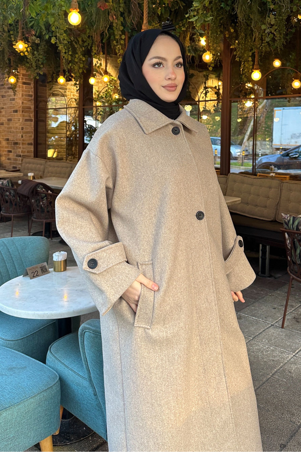 Ovn.  Lonavé Uzun Kaşe Kaban - Bej - Görsel 3