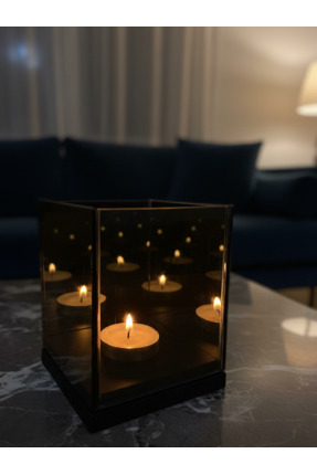 Glowdesigning Ahşap tabanlı mumluk - tekli mum yuvalı sonsuz aynalı mumluk mu...