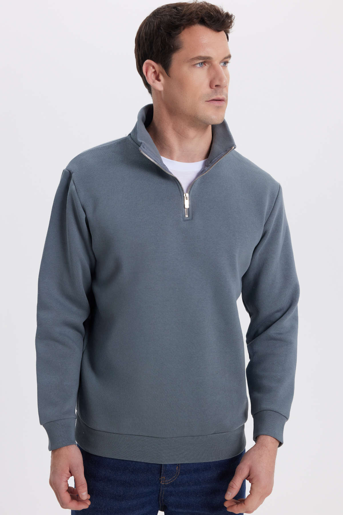 Unisex Relax Fit Rahat Kesim Pamuklu İçi Polarlı Yarım Fermuarlı Gri Dik Yaka Sweatshirt — خاکستری SW240002 — تصویر 4 از 8