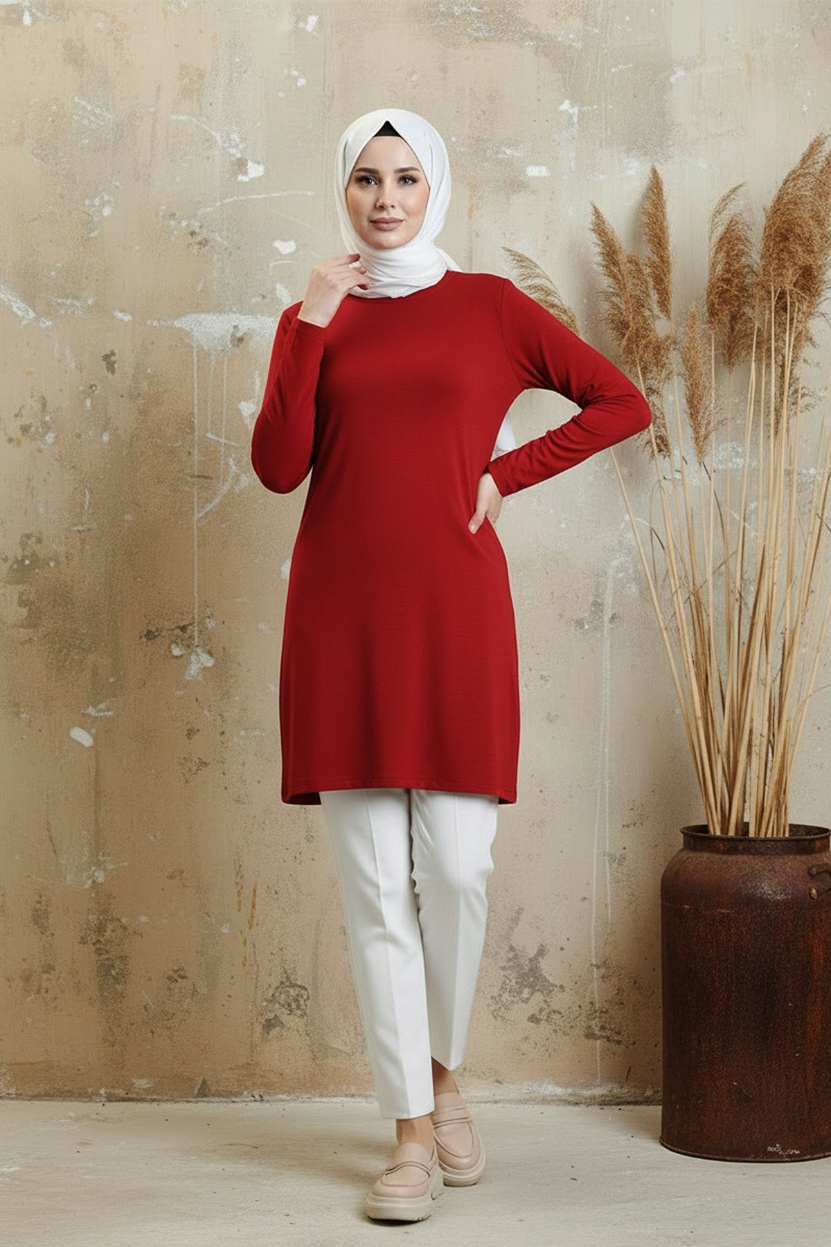 VİSKON UZUN TUNİK - Bordo