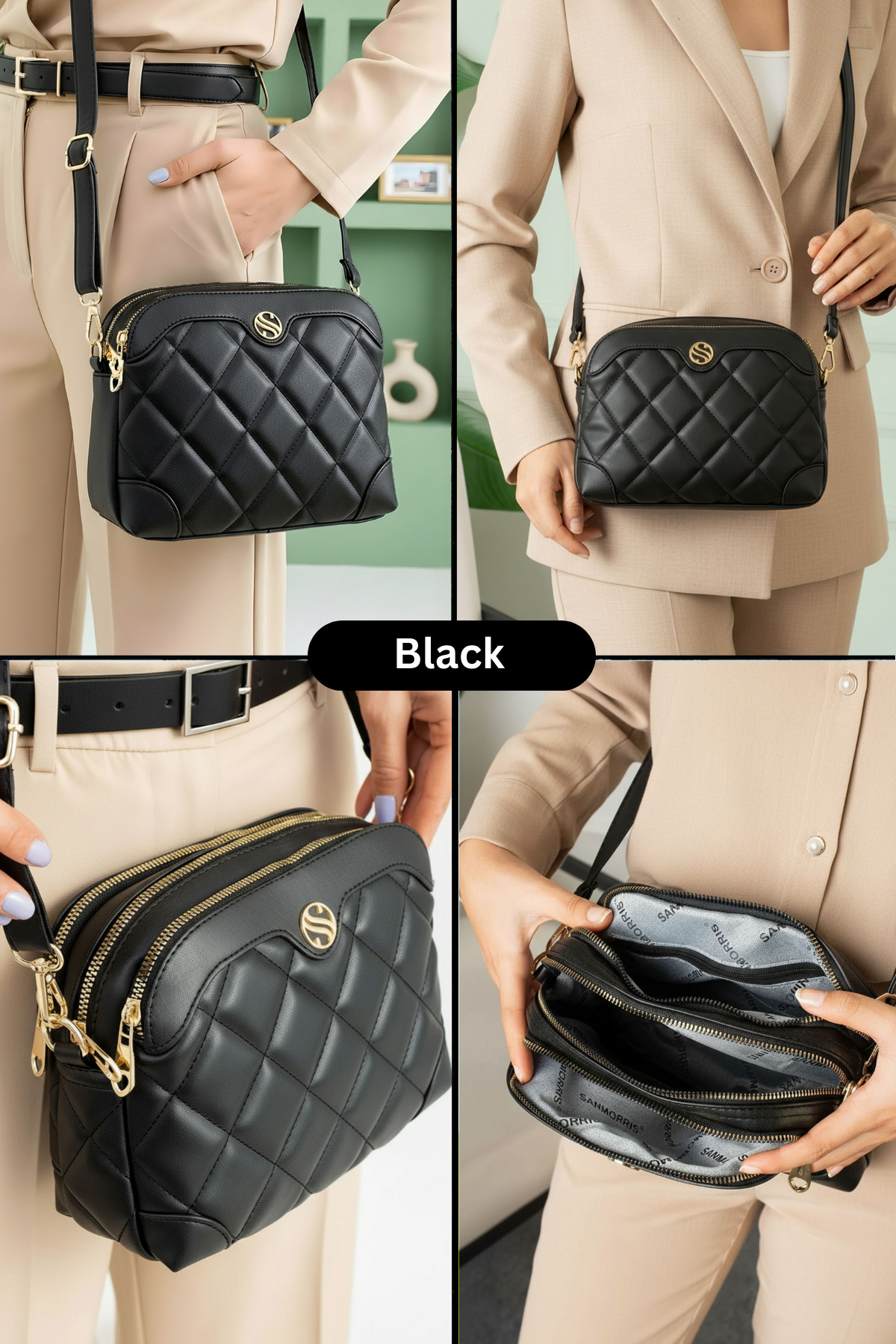 Lifonbag Kadın Siyah 4 Bölmeli Ayarlanabilir Çapraz Askılı Kapitone Yumuşak Deri Omuz Çantası fotoğrafı 2 (önizleme)