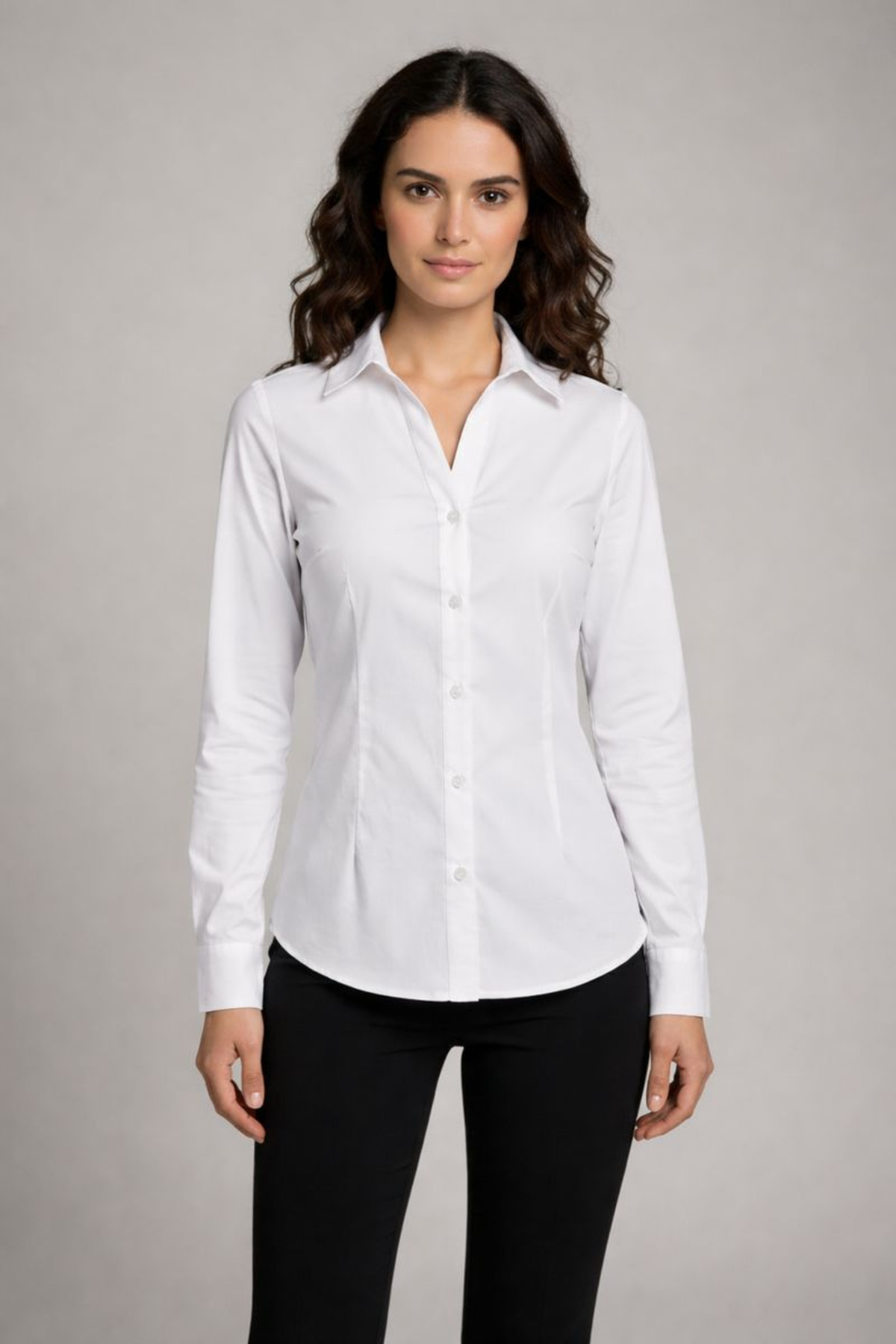 Şiir Tekstil SONORA Women's Slim Fit Body-Hugging Long Sleeve Button-Detail Basic Shirt - White