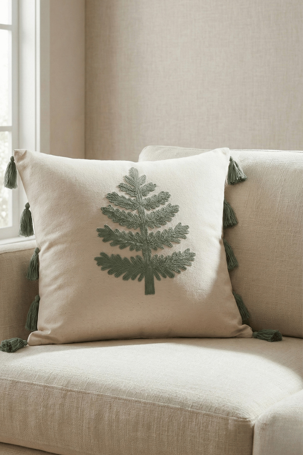 Buldan Wood Patterned Punch Embroidered Tasseled Cotton Throw Pillowcase 43x43 cm