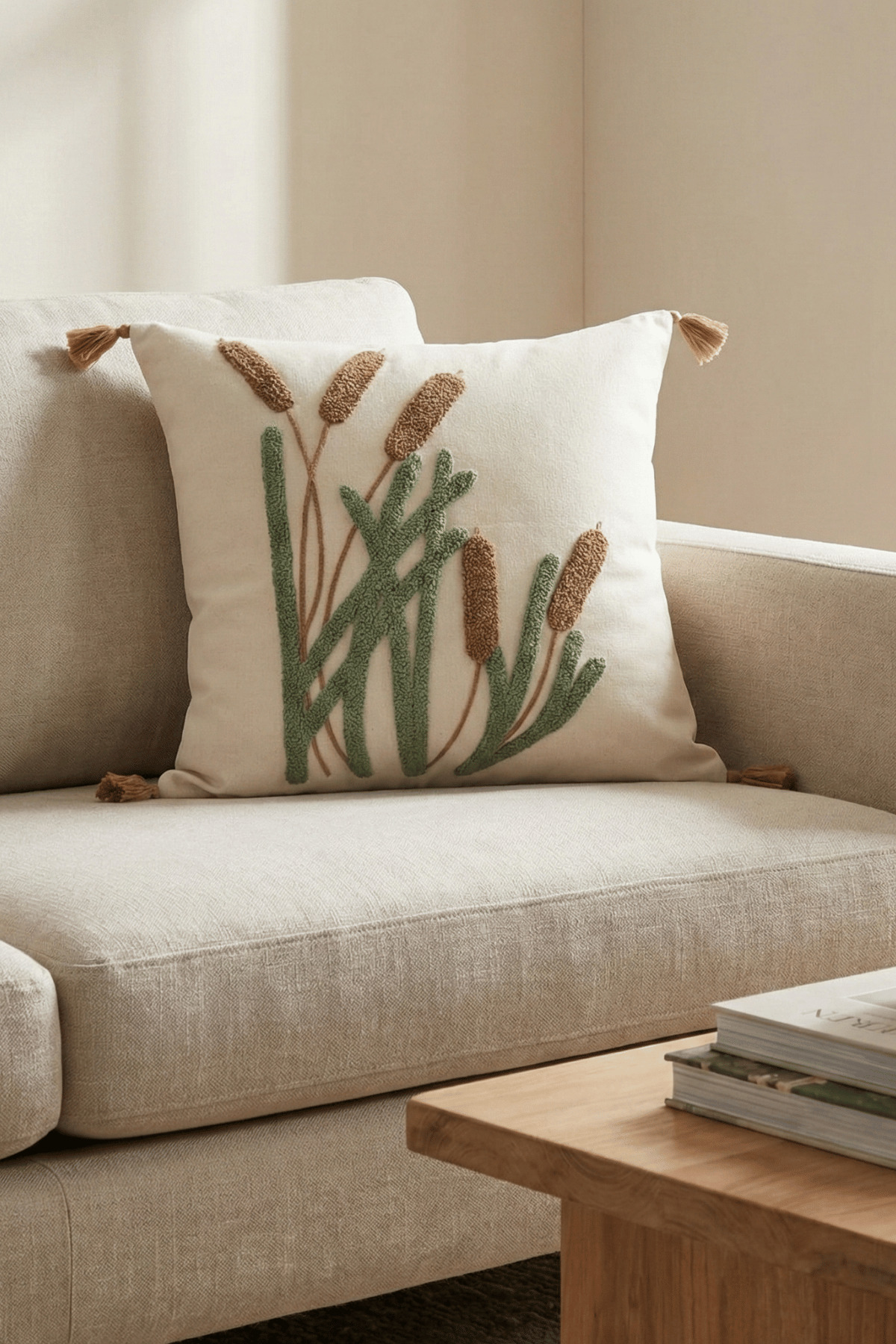 Colorful Reed Punch Embroidery Decorative Tassel Pillowcase Cotton 42x42 cm