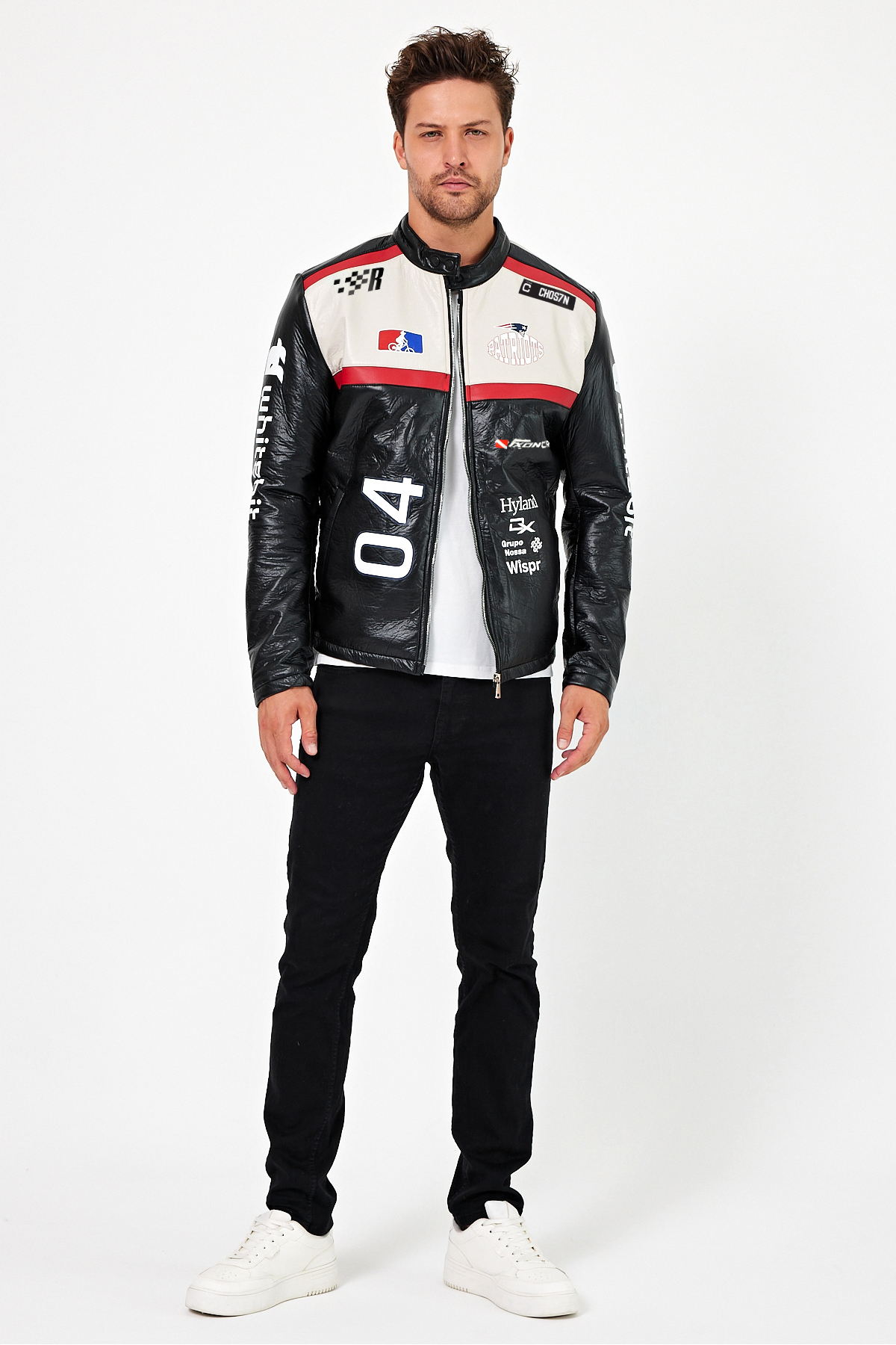 Black Level  Erkek Oversize Puf Deri Yarışçı Ceket Kolej Mont Baskılı Fermuarlı Bomber Mont - Görsel 4