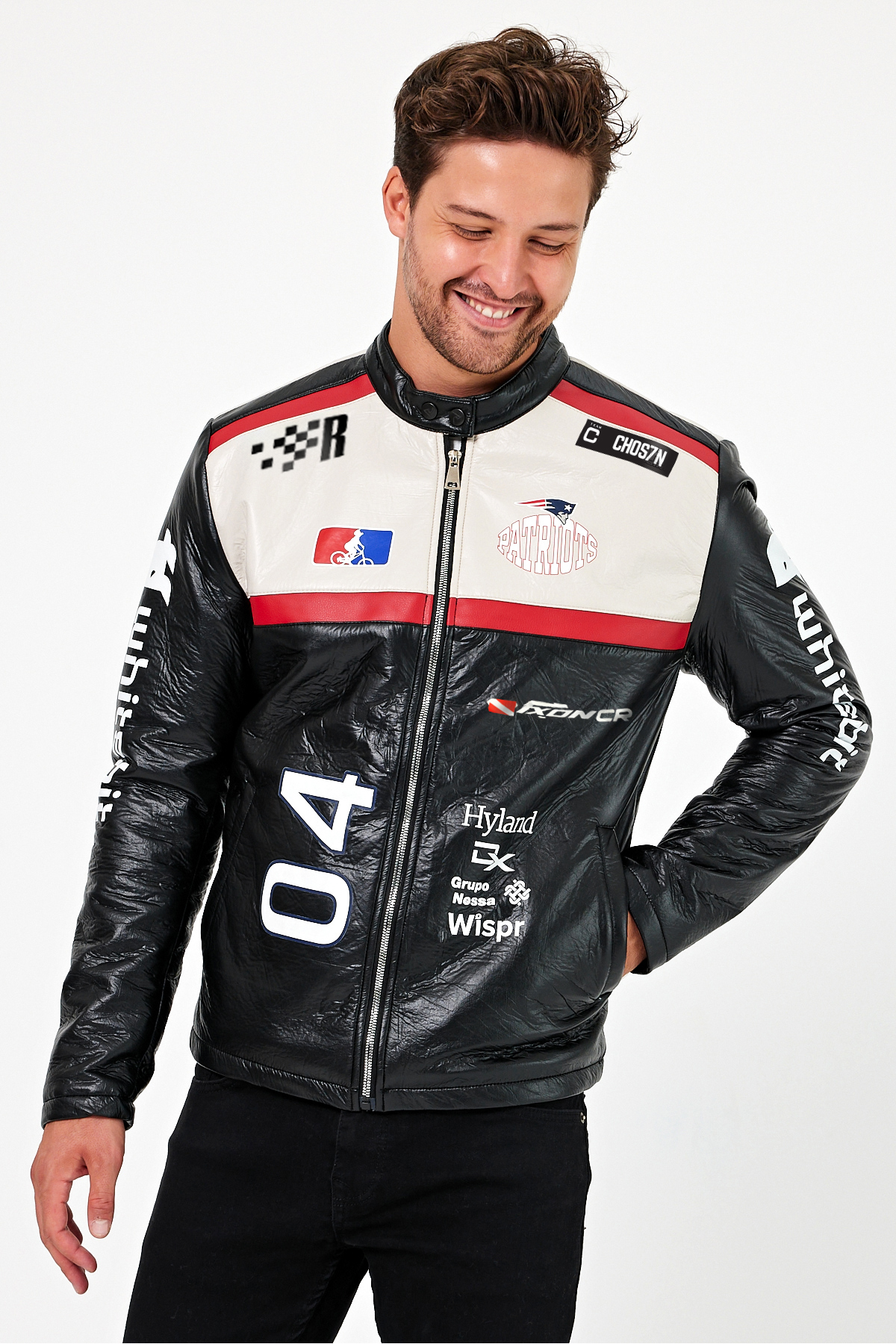 Black Level  Erkek Oversize Puf Deri Yarışçı Ceket Kolej Mont Baskılı Fermuarlı Bomber Mont - Görsel 3