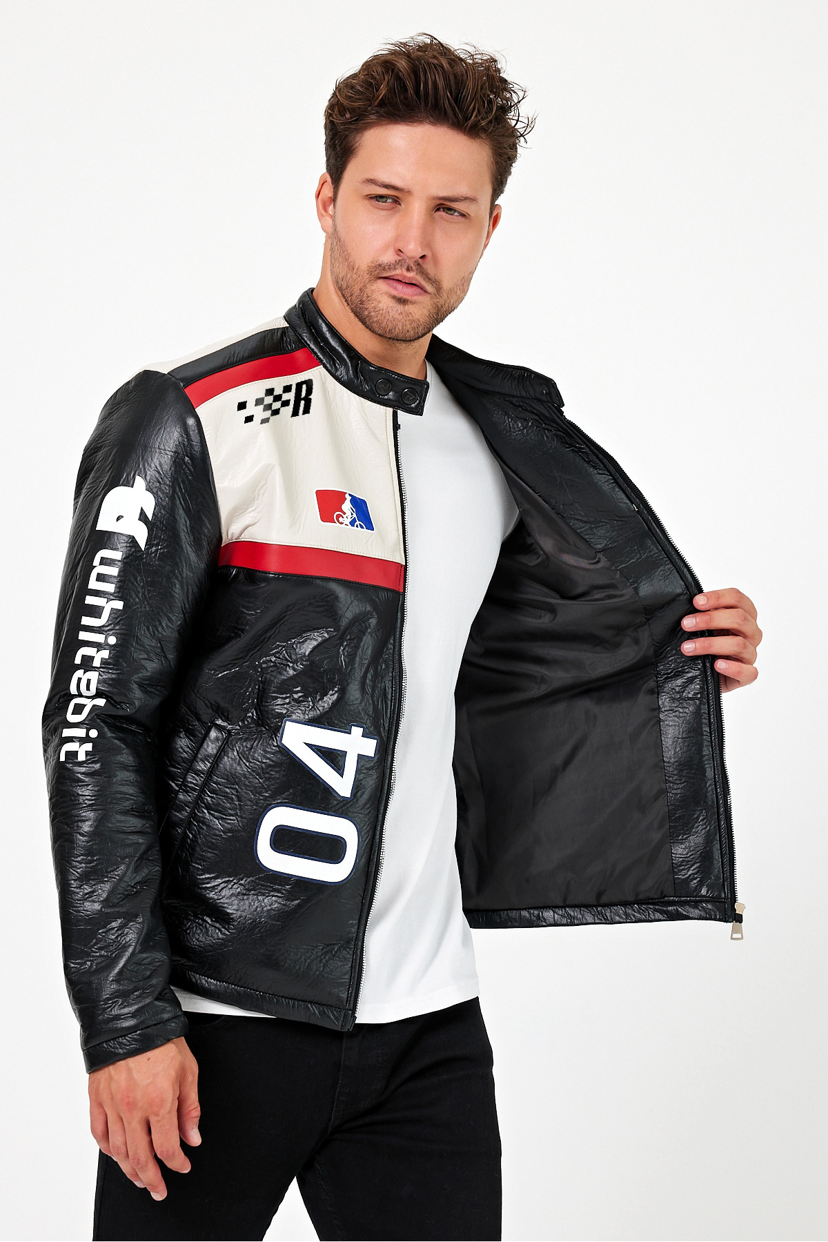 Black Level  Erkek Oversize Puf Deri Yarışçı Ceket Kolej Mont Baskılı Fermuarlı Bomber Mont - Görsel 2