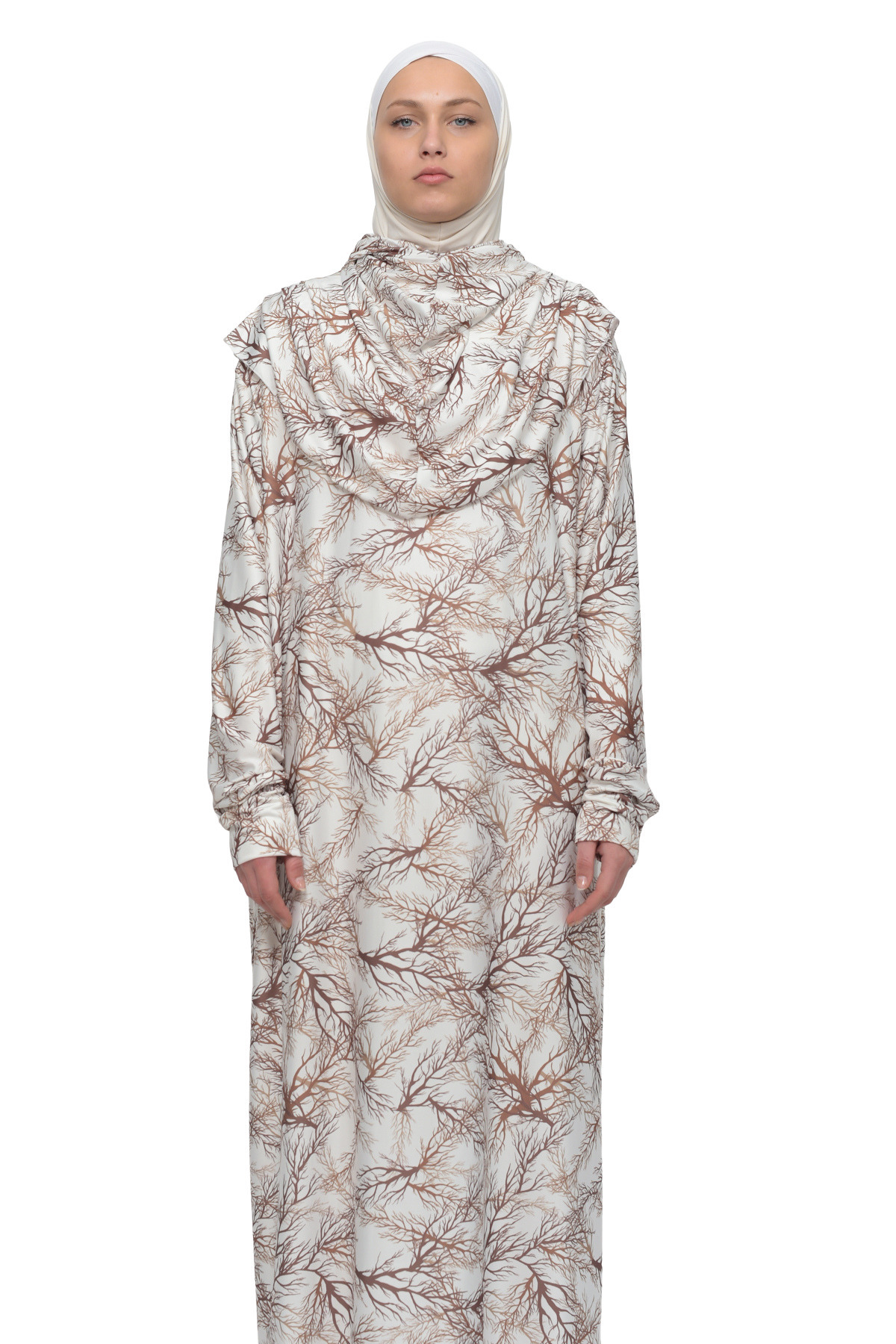Practical One-Piece Tree Patterned Sleeve Plug and Pull Hijab Lycra Prayer Dress 990-0705