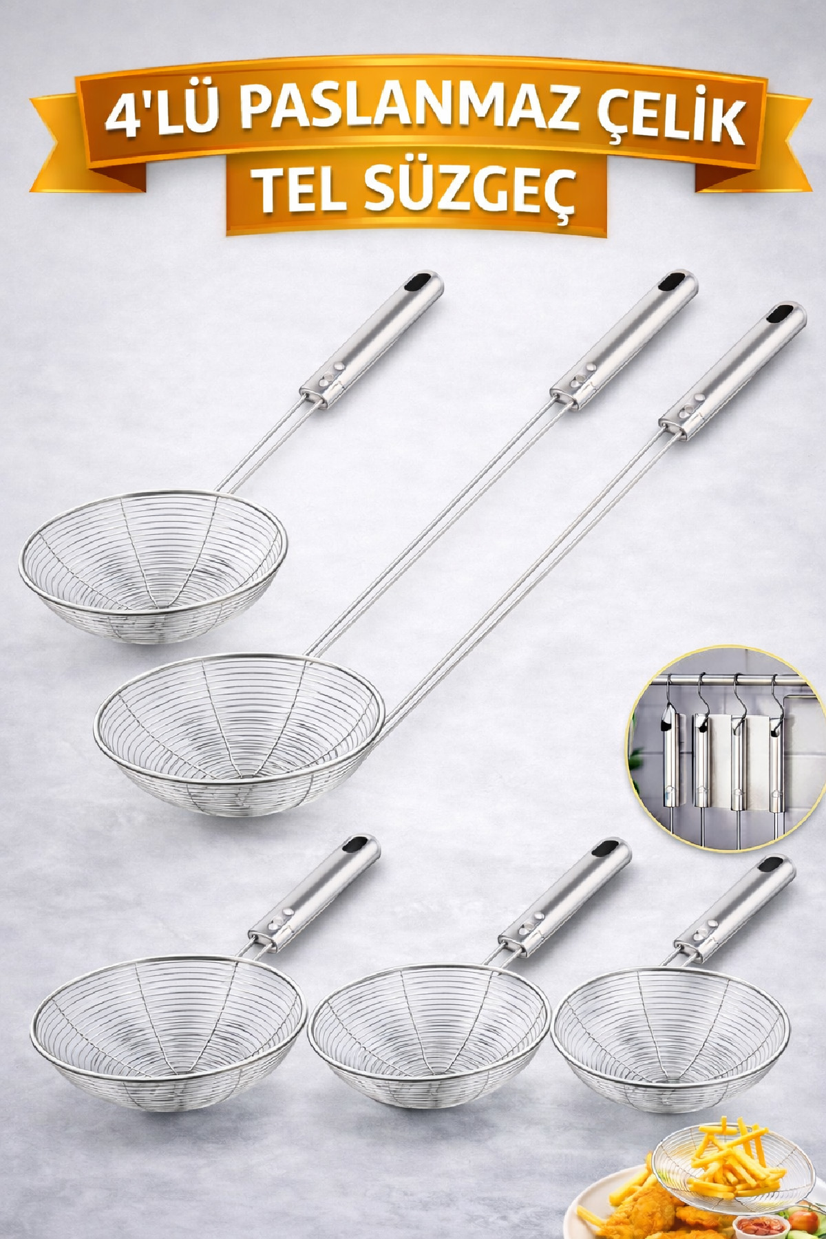 Steel Colander Strainer Metal Handle Zucchini Vegetable French Fries Oil Strainer Wire Ladle 4-Piece Service Set