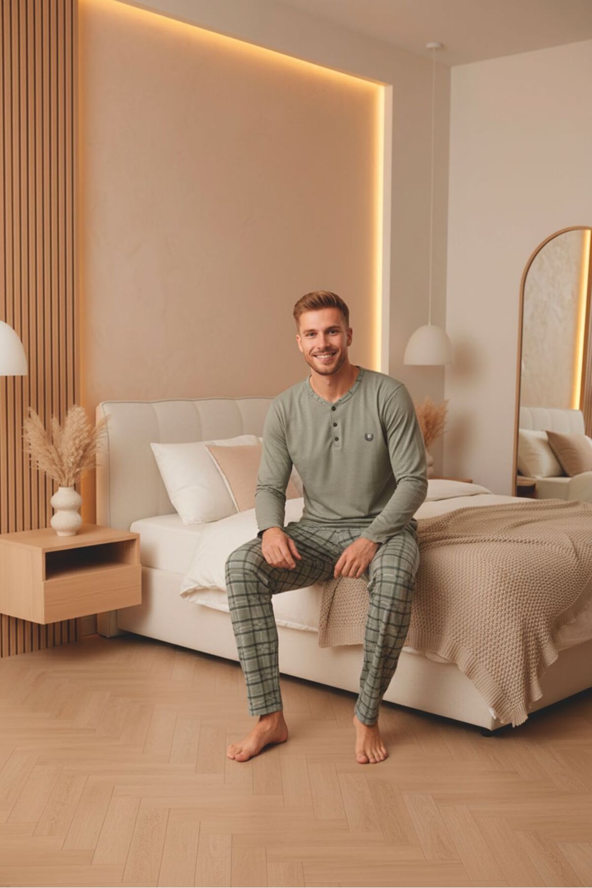 Sude HOMEWEAR  Erkek Ekoseli Uzun Kollu Pijama Takımı