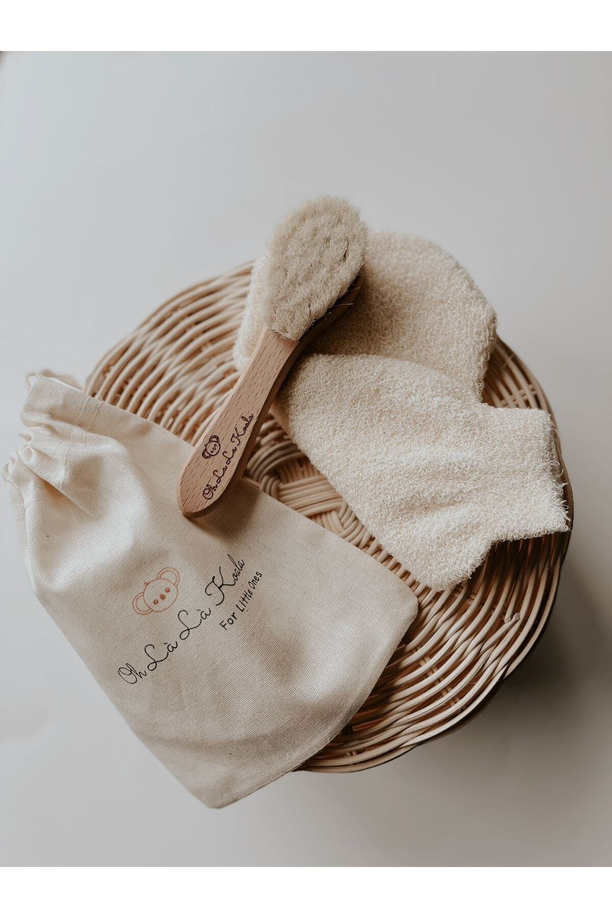 OhlalaKoala Doğal Keçi Kılı Ahşap Bebek Fırçası Ve Pamuk Bebek Banyo Kesesi 2li Set fotoğrafı 2 (önizleme)