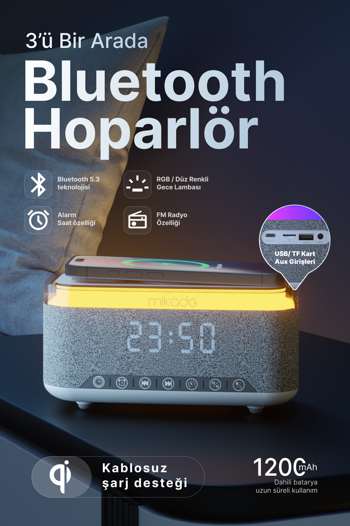 Resim Mikado Bluetooth Hoparlör MD-W8 1200mAh Kablosuz Şarj, Alarmlı Saat ve RGB Gece Lambası Özellikli 