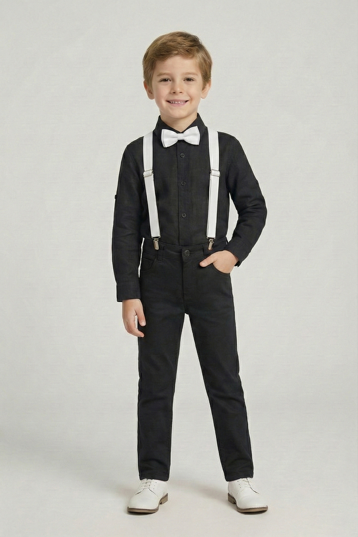 Boys Black Long Sleeve Shirt Black Pants White Strap Bow Tie Set 23 April 29 October