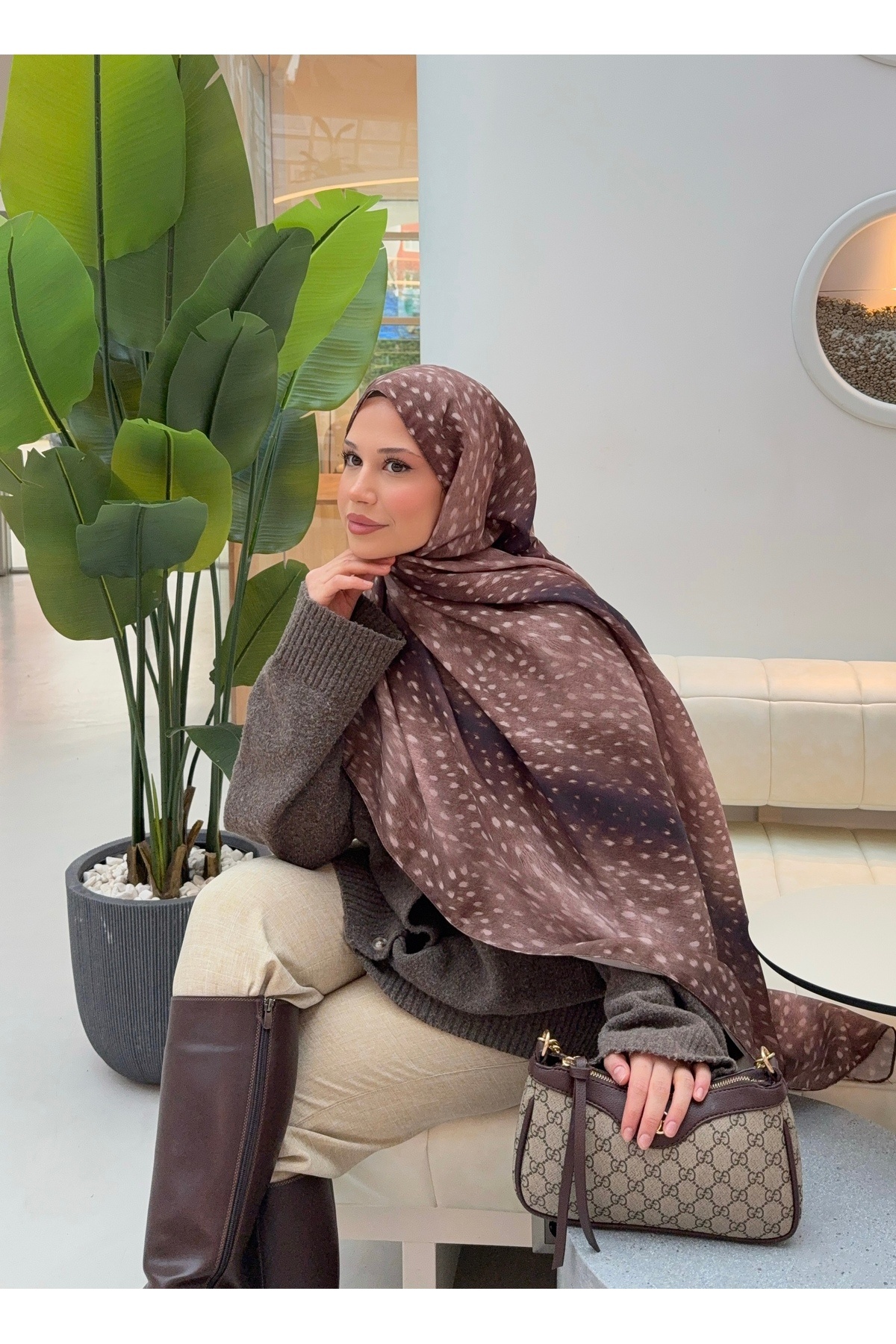 Mira İpek  Ceylan Bambi Desenli Pamuk Soft Şal Trend Kadın Şal ps221 - Görsel 2