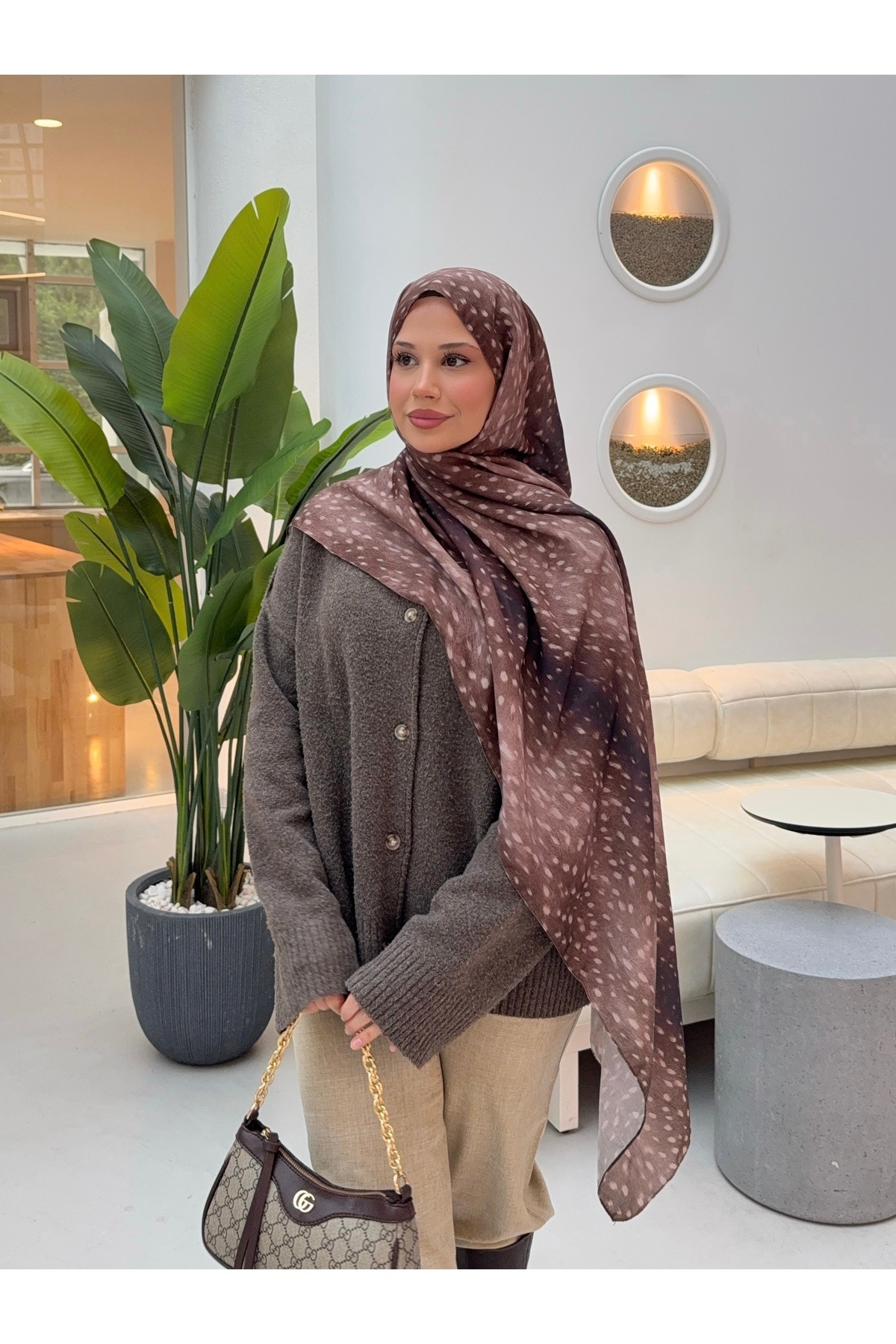 Mira İpek  Ceylan Bambi Desenli Pamuk Soft Şal Trend Kadın Şal ps221 - Görsel 3