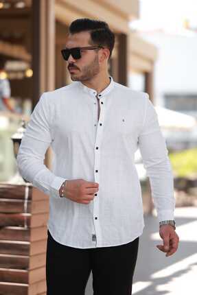 Newelli Slim Fit Erkek Uzun Kollu Hakim Yaka Keten Gömlek