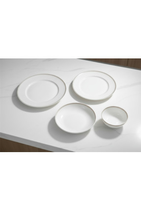 İpek Porselen 6 Kişilik Ufo Form Krem Emboss Desenli Burcu 24 Parça Yemek Takımı