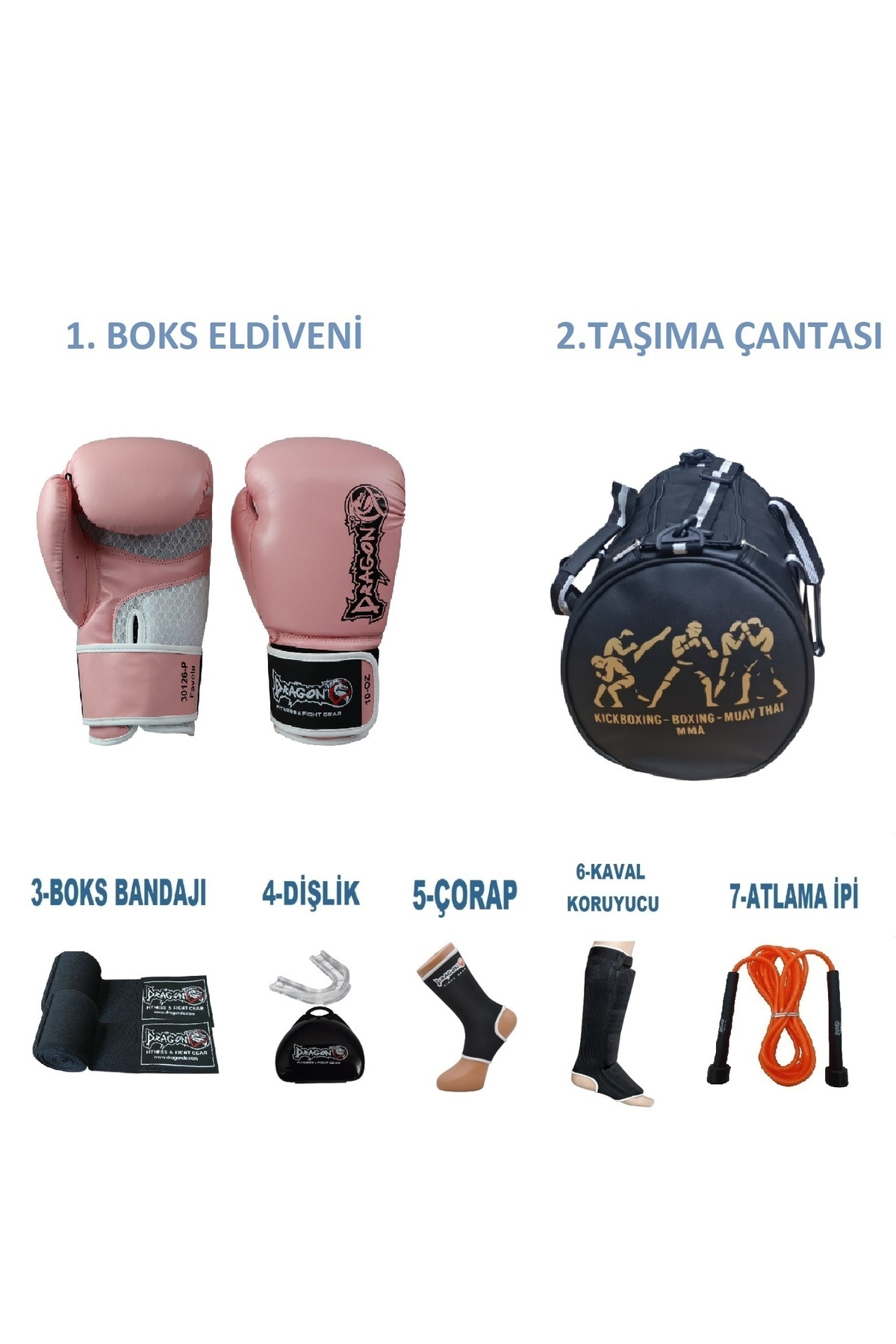 Dragondo Favela Kadın Pembe Boks Seti 7’li Eldiven, Bandaj, Dişlik, Çanta, Çorap, Kaval Koruyucu, Atlama İpi