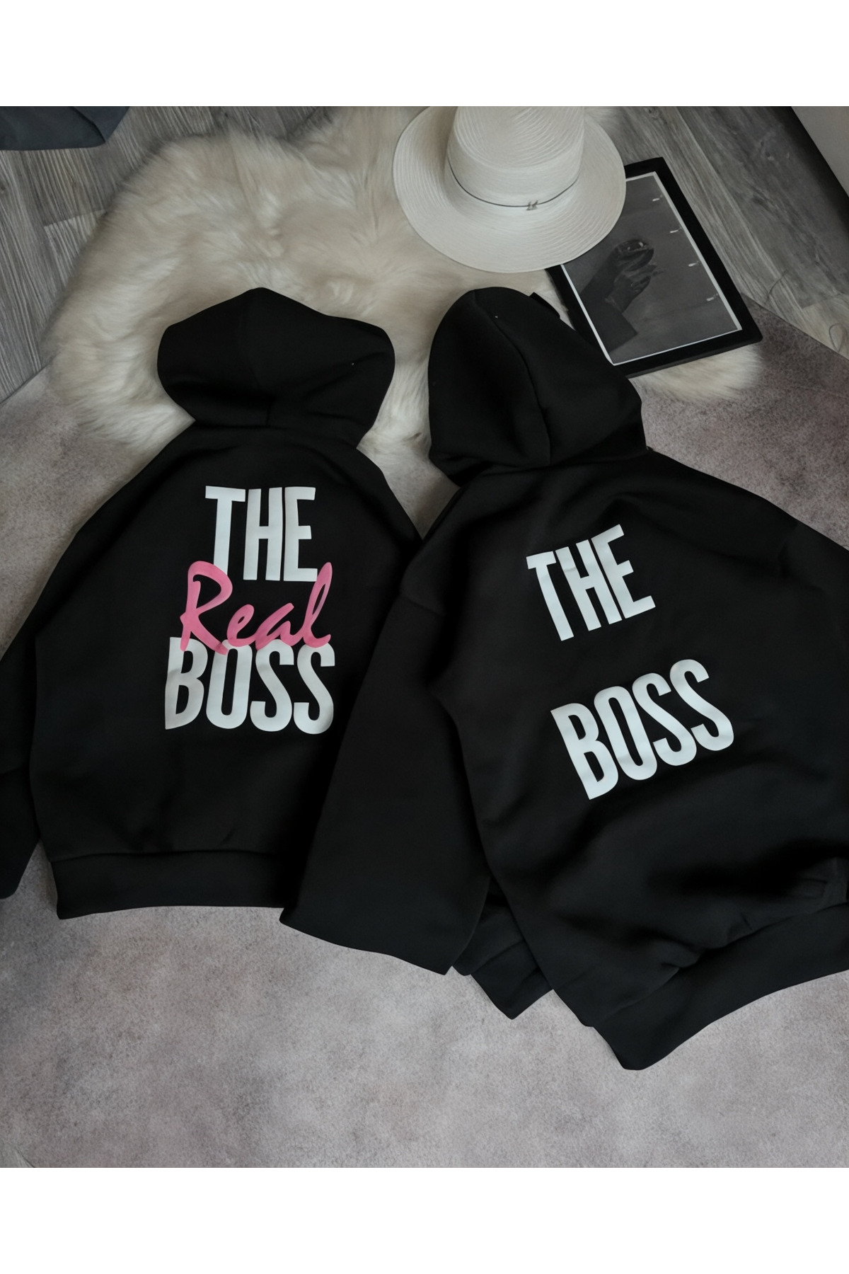 Vordevia Sevgili Çift Kombini Baskılı 2’li Pamuklu 3 İplik Kapüşonlu Oversize Sweatshirt
