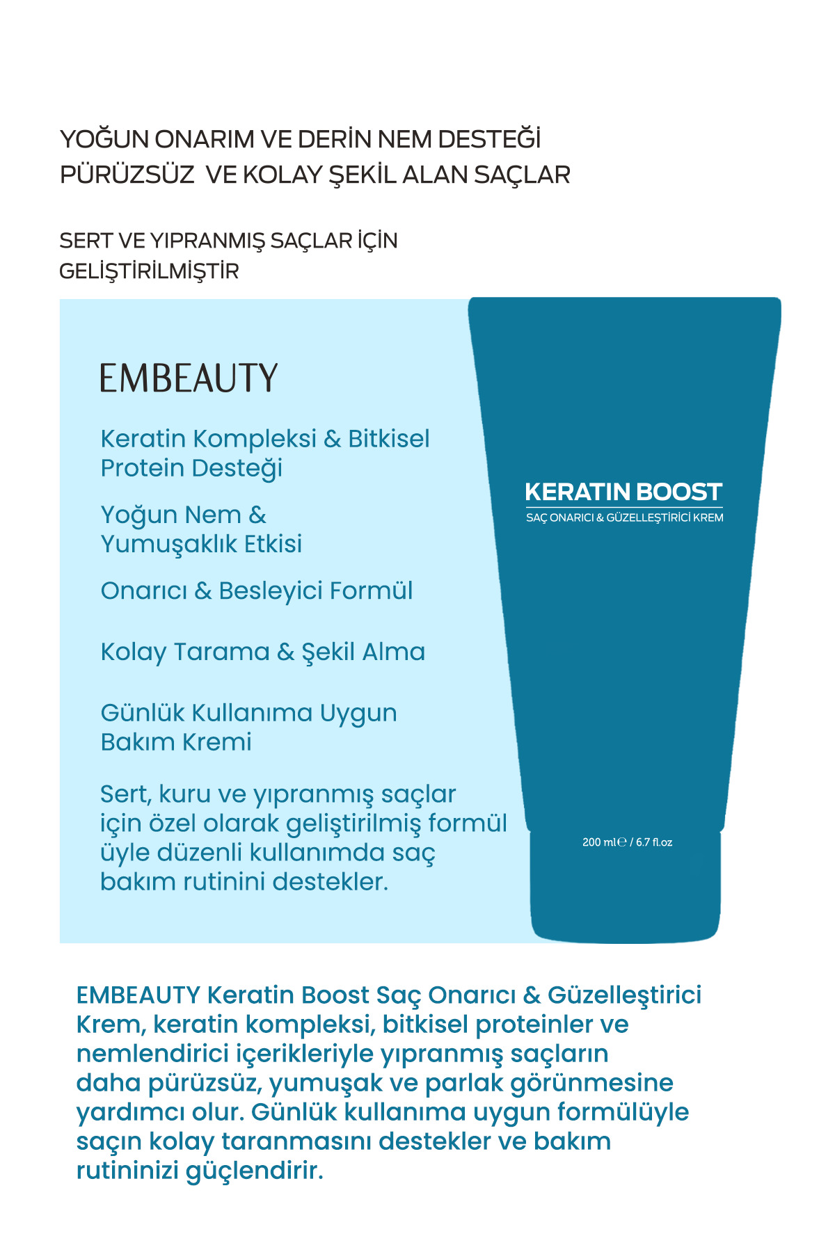 Keratin Boost Onarıcı Dolgunlaştırıcı Saç Bakım Kremi 200 ml — embmaske — تصویر 3 از 8