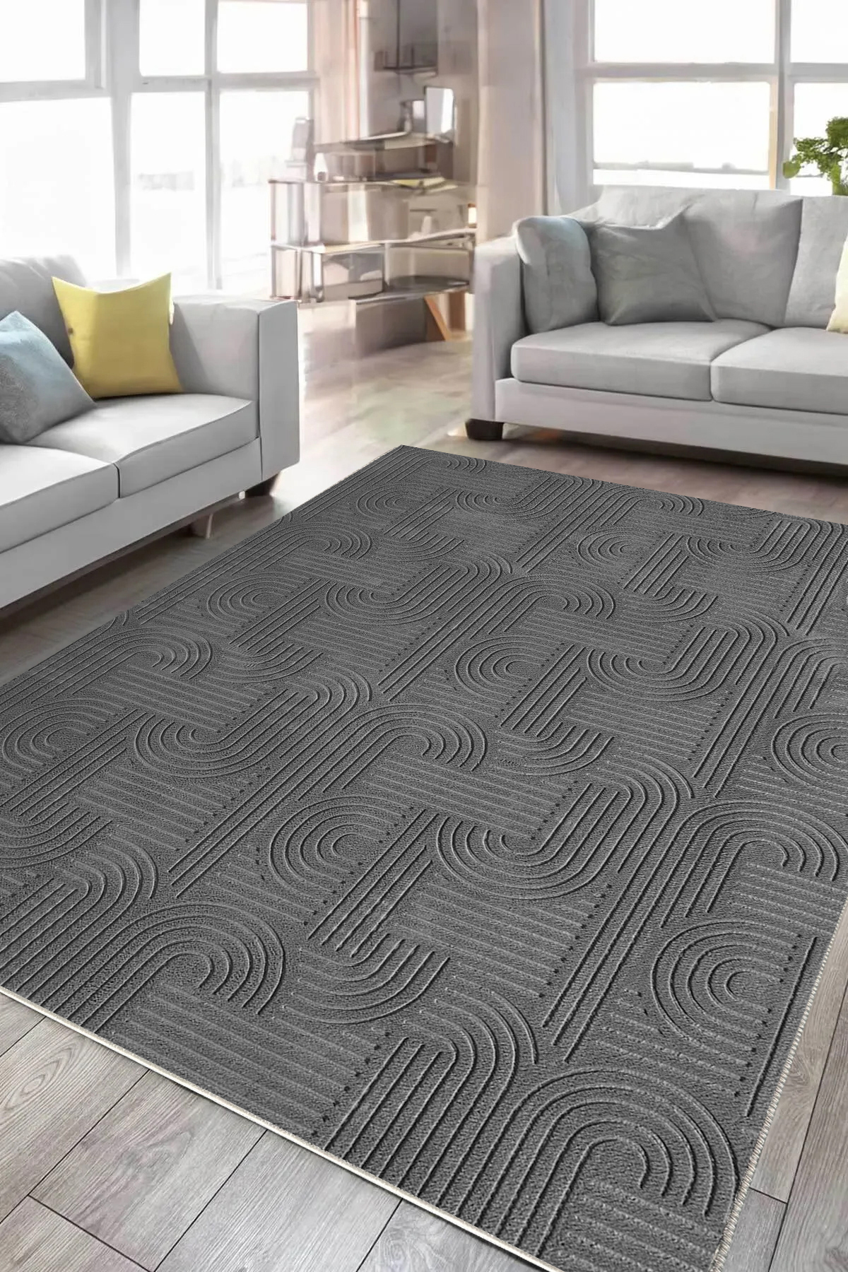Washable Bohemian Anti-Slip Base Stainproof Cut Embossed Living Room Aisle Kitchen Carpet Anthracite