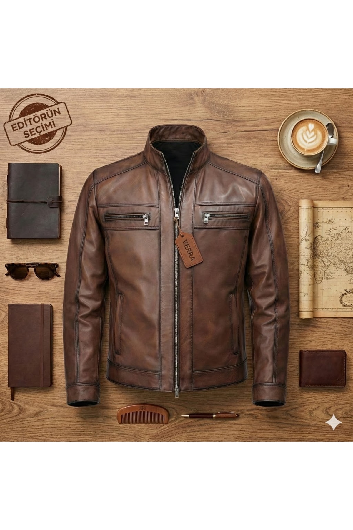 Verra  Erkek Kahverengi Hakiki Deri Fermuarlı Spor Mont - Görsel 3