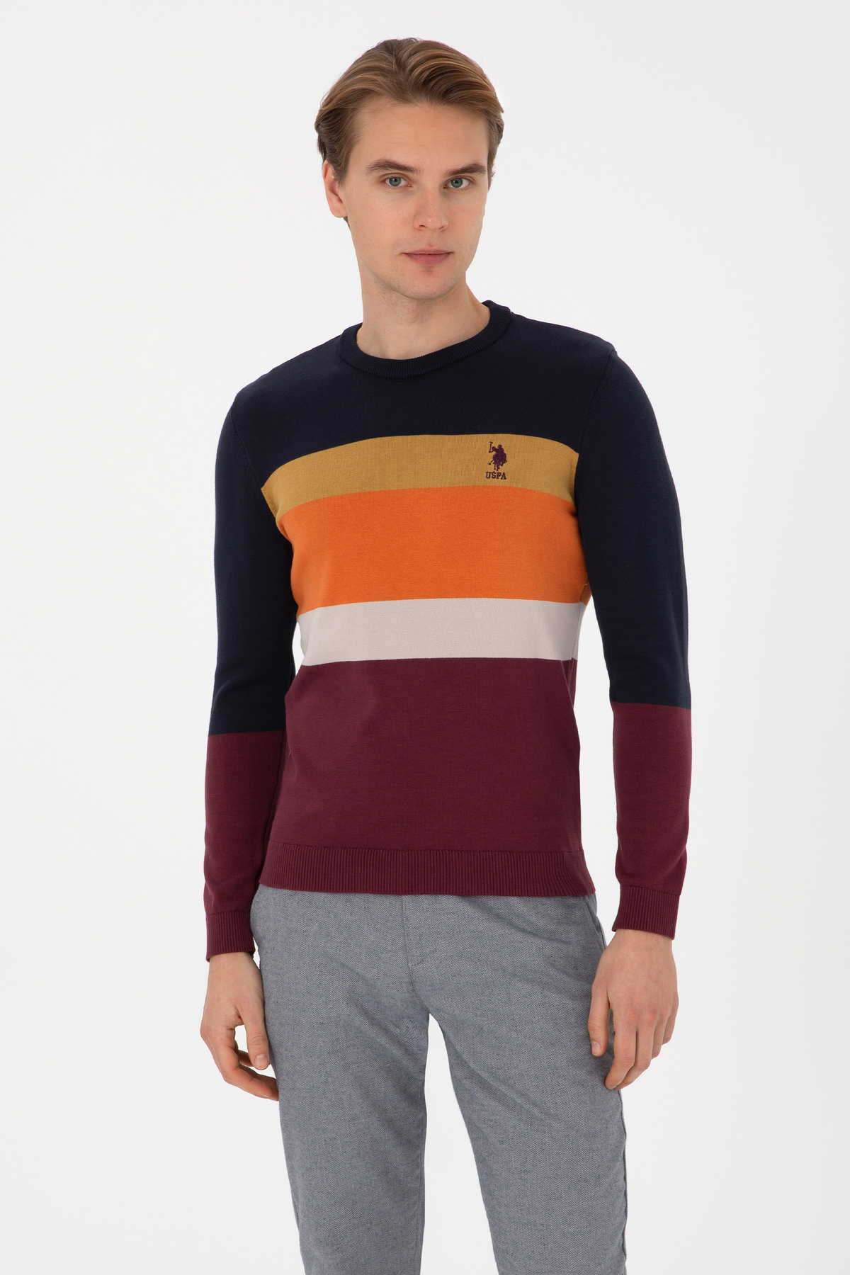 یو اس پولو پلیور مردانه یقه گرد معمولی فیت سرمه ای 50314967-VR033