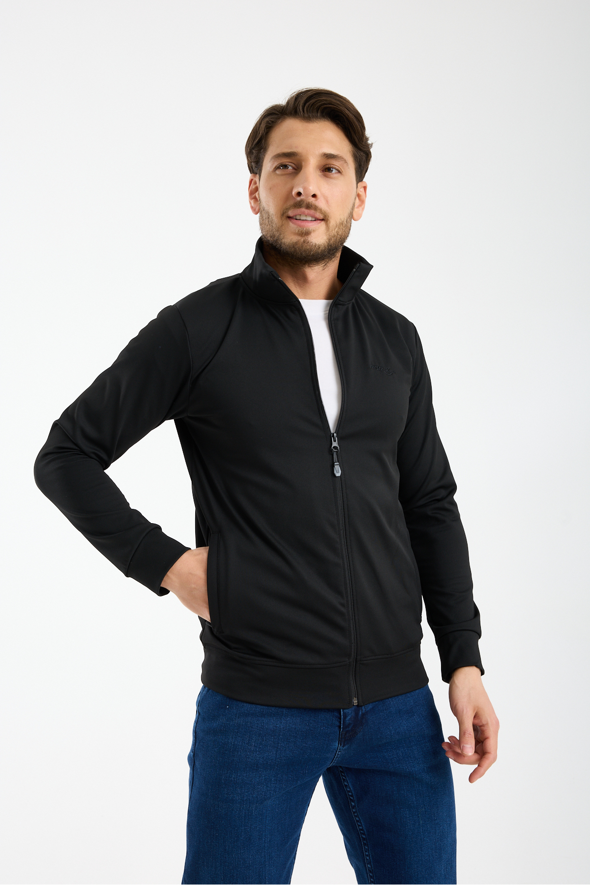 RDR-X Erkek Siyah Dalgıç Kumaş Tam Fermuarlı Sweatshirt - Eşofman Üstü