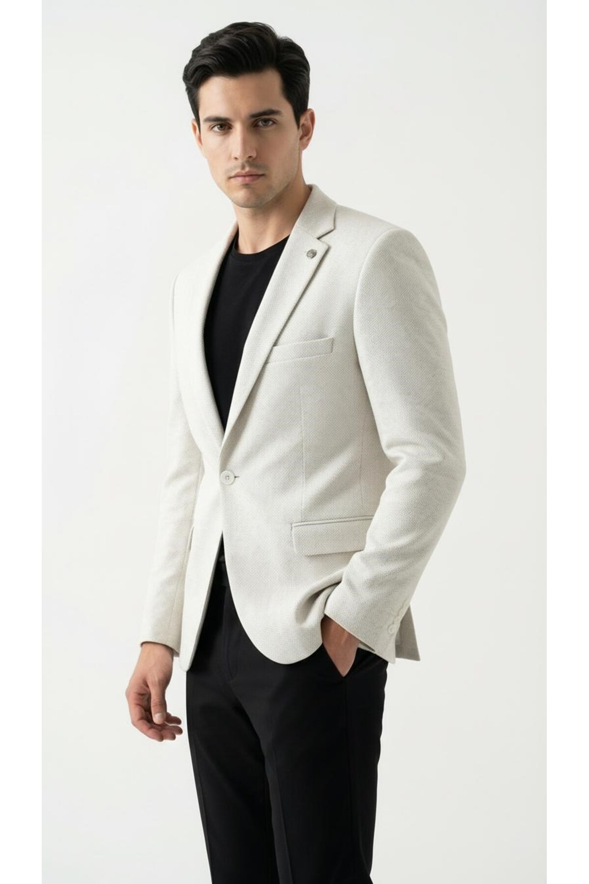 Plus Scorpion Erkek Karyağdı Desenli Slim Fit Blazer Ceket, Siyah & Bej, Şık Günlük ve Ofis Kombin